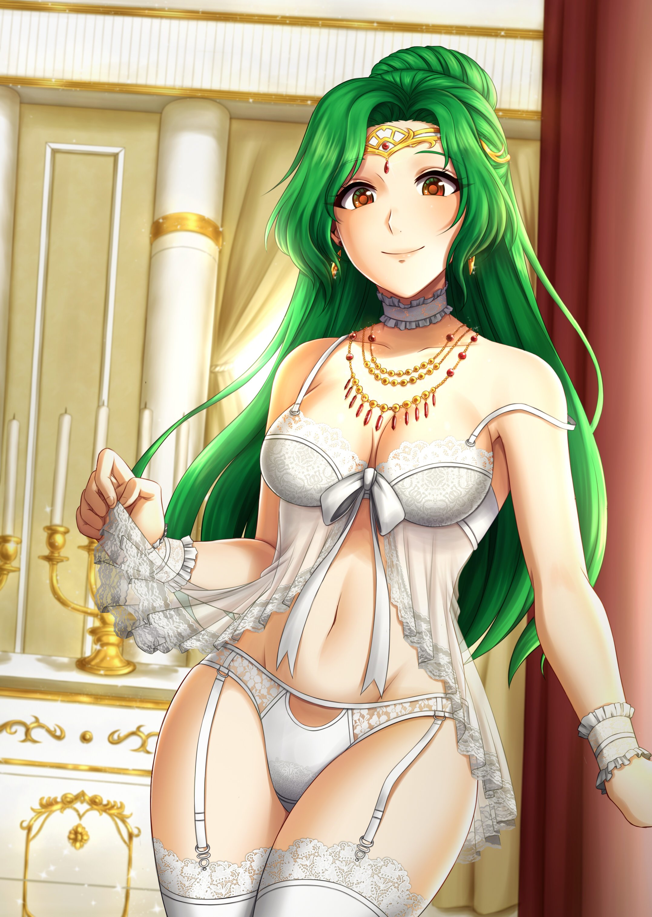 1girls, absurdres, adricarra, babydoll, bare thighs, breasts, bride, brown eyes, candle, candlestand, choker, circlet, cleavage, closed mouth, earrings, elincia ridell crimea, female, female only, fire emblem, fire emblem: path of radiance, fire emblem: radiant dawn, frilled choker, frills, green hair, high resolution, highres, jewelry, lingerie, long hair, medium breasts, navel, nintendo, panties, smile, solo, thighs, underwear, very high resolution, white panties