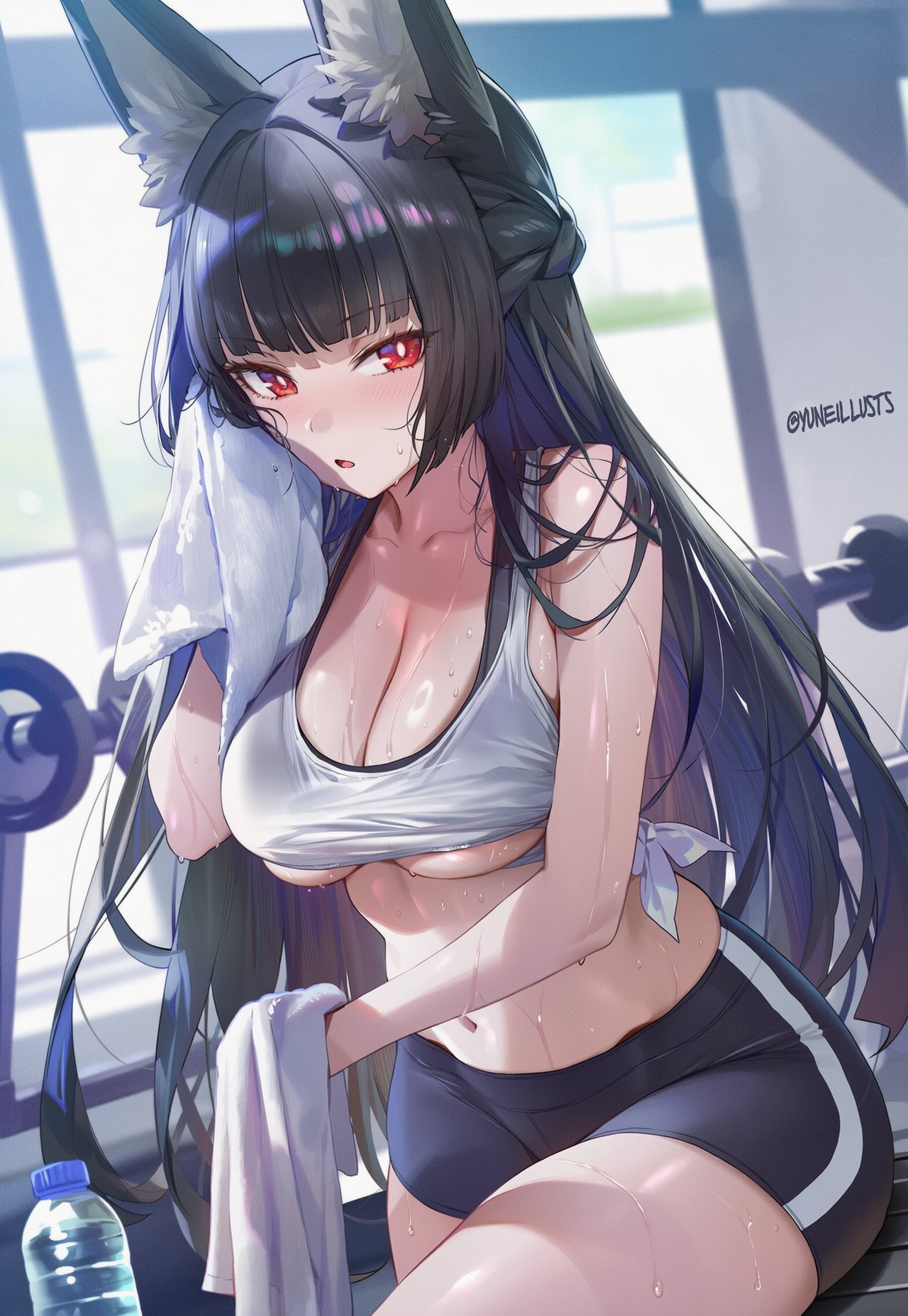 1girls, ai generated, animal ears, bangs, big breasts, bike shorts, black hair, blush, bottle, breasts, cleavage, female, hoshimi miyabi, large breasts, long hair, looking at viewer, midriff, navel, red eyes, solo, sports bra, sweat, towel, underboob, very long hair, water bottle, yuneillusts, zenless zone zero