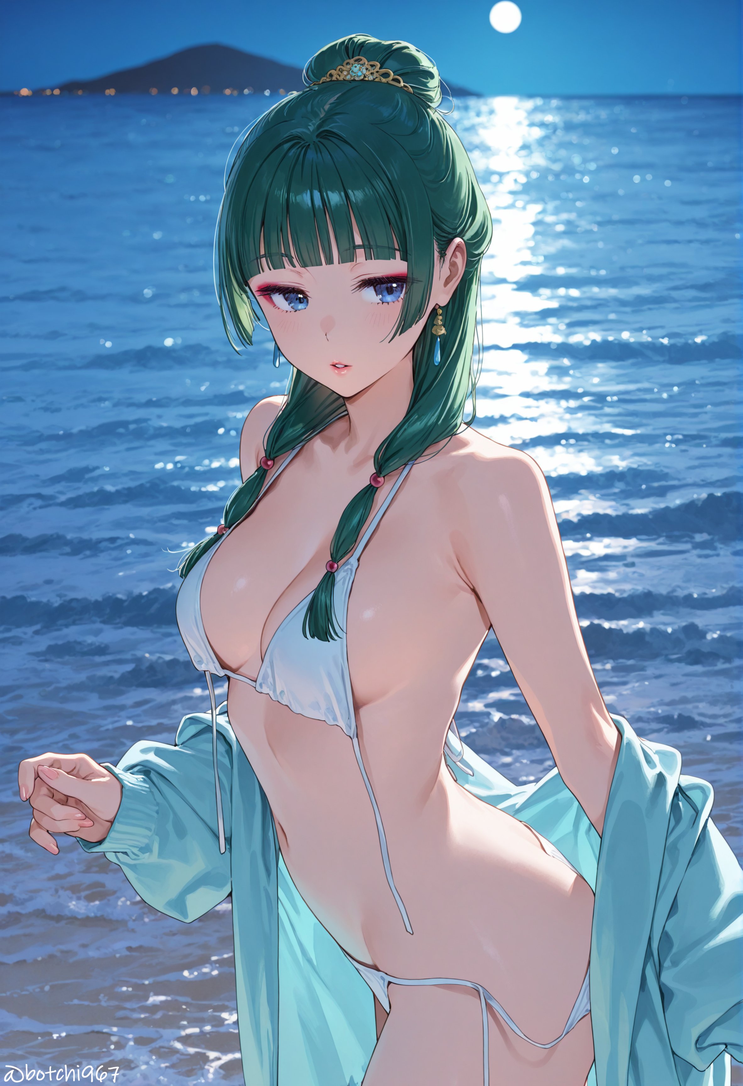 ai generated, bangs, bare shoulders, beach, bikini, blue eyes, blunt bangs, botchi996, breasts, cleavage, collarbone, day, earrings, eyebrows visible through hair, female, female only, green hair, hair bun, hair ornament, jacket, jewelry, kusuriya no hitorigoto, long hair, looking at viewer, maomao (kusuriya no hitorigoto), medium breasts, navel, ocean, off shoulder, open clothes, open jacket, outdoors, parted lips, side-tie bikini, sidelocks, solo, string bikini, swimsuit, untied, untied bikini, wading, water, white bikini