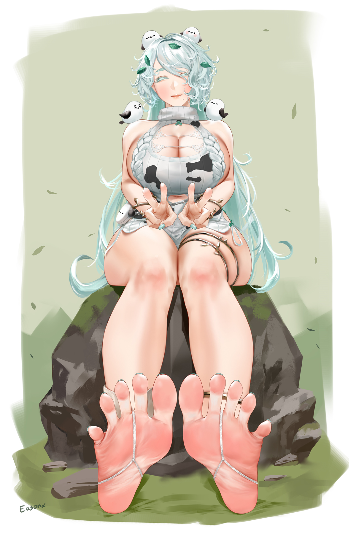 1girls, artist name, bare shoulders, bare thighs, barefoot, bird, blue hair, blue nail polish, blue nails, blue toenail polish, blue toenails, breasts, closed eyes, easonx, feet, female, female only, foot fetish, foot focus, goddess of victory: nikke, korean tit (bird), large breasts, long hair, sitting, soles, toes, trina (nikke)