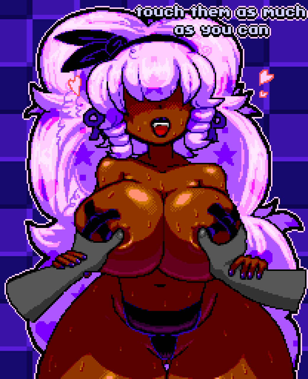 areolae, big breasts, breasts, dark-skinned female, female, groping breasts, hands on breasts, heart, long hair, looking at viewer, nipples covered, no pants, pixel (artwork), pixel art, purple hair, purple lipstick, rember (rememember er), rememember er, sweat, sweaty, talking to viewer, text, thick thighs
