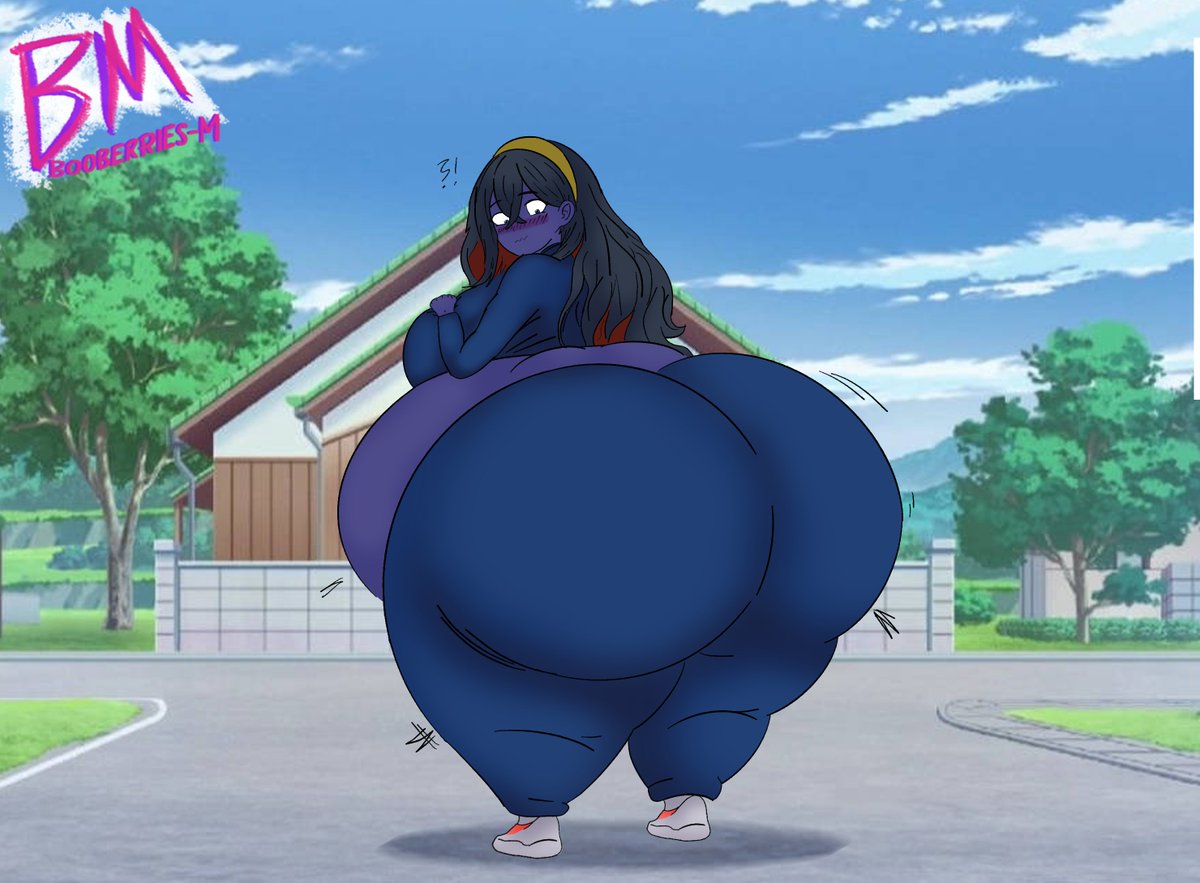 area zero, ass, ass expansion, belly expansion, belly inflation, big ass, big belly, black hair, blue skin, blueberry, blueberry inflation, blush, booberries, breast expansion, breast growth, breast growth (enlargement), breasts, carmine (pokemon), female, female only, headband, inflation, pokemon, pokemon scarlet & violet, surprised, surprised expression, transformation