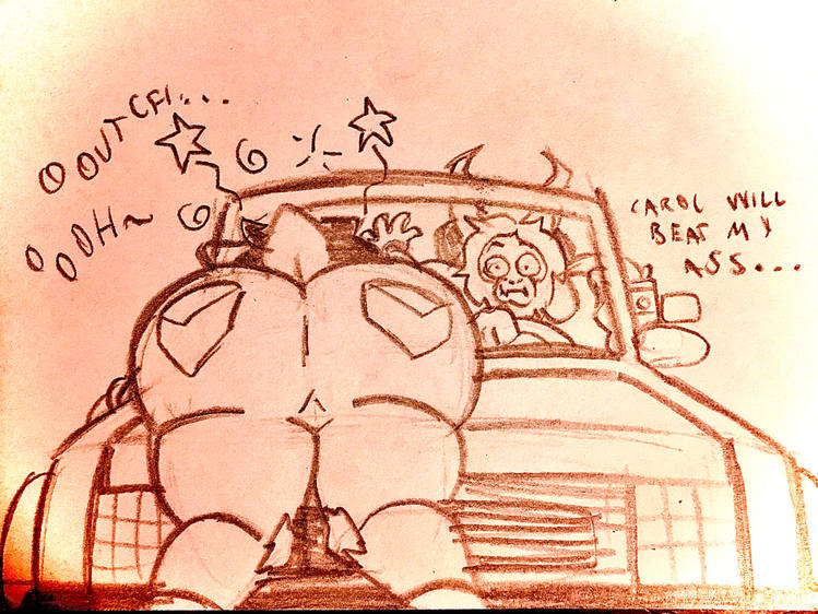 1boy, 1girls, 2d, accident, accidental circumstance, anthro, asgore dreemurr, asgore driving, asgore truck, ass, big ass, big butt, bubble butt, charygem, deer, deer tail, deltarune, dess holiday, driving in my car right after a beer, english text, female, hey that bump is shaped like a deer, male, meme, meme reference, monochrome, pencil (artwork), rear view, round ass, traditional media (artwork), undertale, undertale (series)
