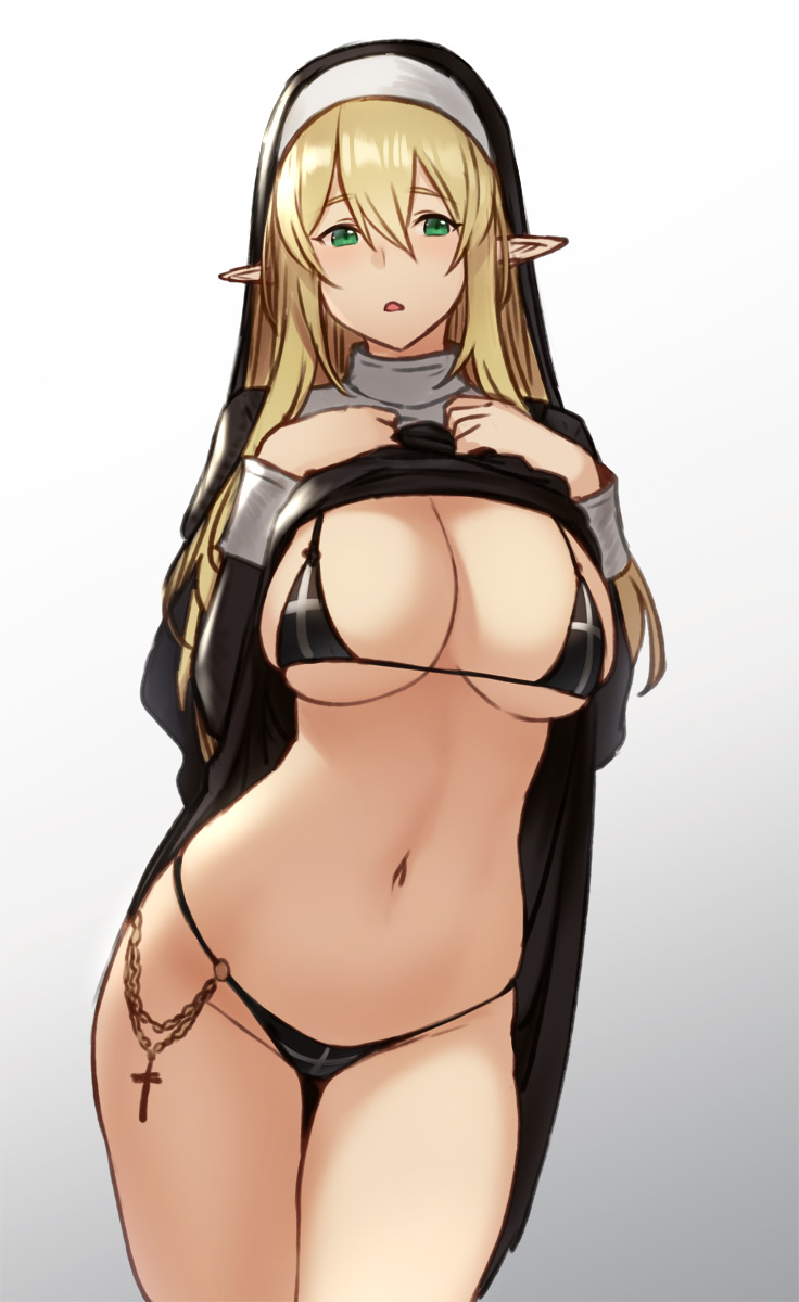 big breasts, black dress, black underwear, blonde hair, bra, breasts, cleavage, crucifix, dress lift, elf, female, female only, green eyes, houtengeki, large breasts, looking at viewer, nun, nun's habit, panties, pointy ears, solo