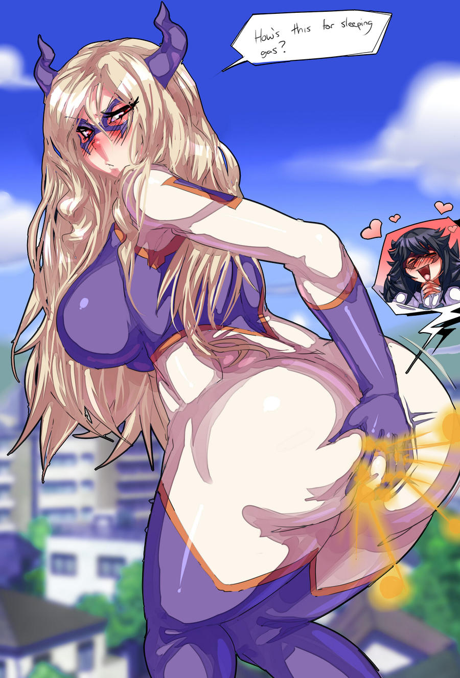 2girls, black hair, blush, blush lines, blushing, bodysuit, breasts, costume, dialogue, english, english text, enjoying farts, extreme size difference, fart, fart cloud, fart fetish, female, female only, giant, giantess, hand on ass, hand on own ass, heart, heart symbol, hero outfit (mha), heroine, huge ass, huge breasts, lazei, midnight (my hero academia), mount lady, my hero academia, nemuri kayama, red eyes, size difference, size play, speech bubble, text, under clothes, white hair, yuu takeyama