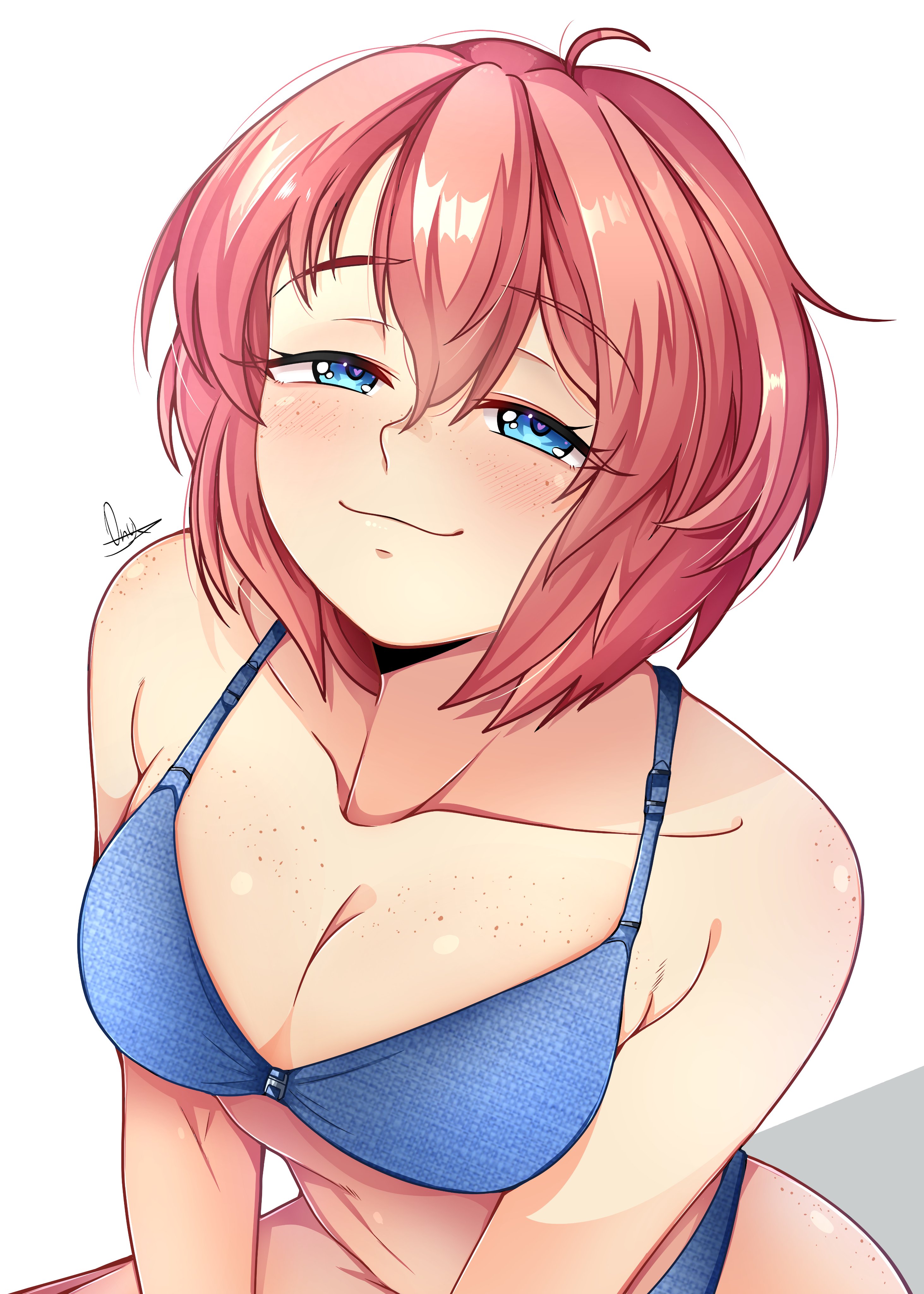 1girls, bare shoulders, blue bra, blue eyes, blue panties, bra, breasts, cleavage, collarbone, doki doki literature club, female, freckles, freckles on breasts, matching underwear, onyxvoyd, panties, sayori (doki doki literature club), smug, smug face, smug grin, strawberry blonde hair, underwear, underwear only