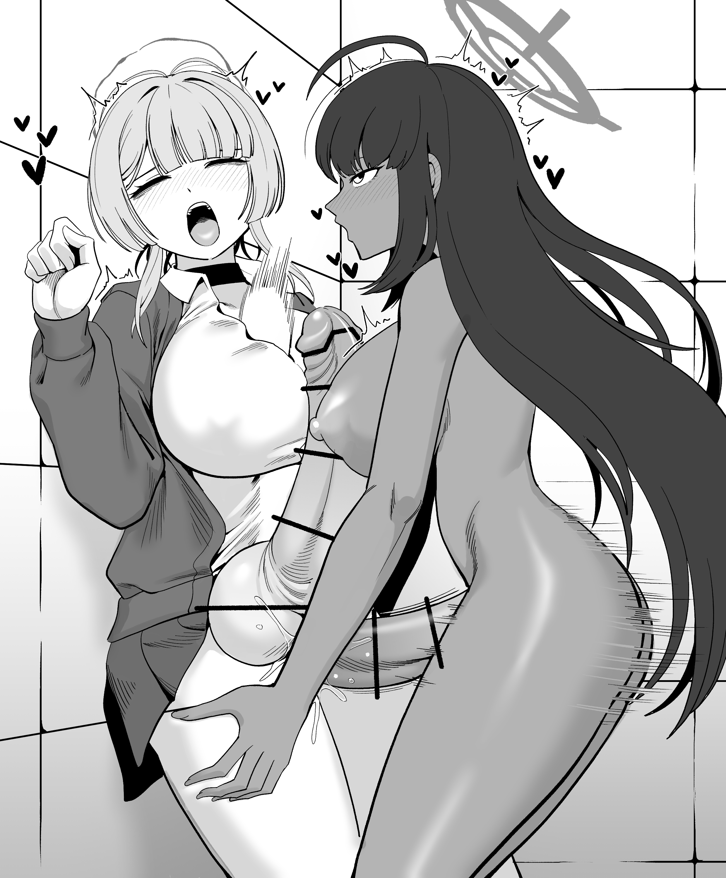 2futas, balls, big balls, blue archive, breasts, caught, caught in the act, censor bar, censored, closed eyes, clothed, clothed futa, clothed sex, clothing, dark skin, dark-skinned futa, deep penetration, futa on futa, futa only, futa/futa, futanari, huge balls, huge breasts, huge cock, huge testicles, hung bottom, interracial, intersex, itokonoue kaoru, karin (blue archive), long hair, looking at viewer, monochrome, nipples, nude, penis, project kv, pussy, stomach bulge, stomach deformation, tekkin papa, testicles, vaginal insertion, vaginal penetration, vaginal sex