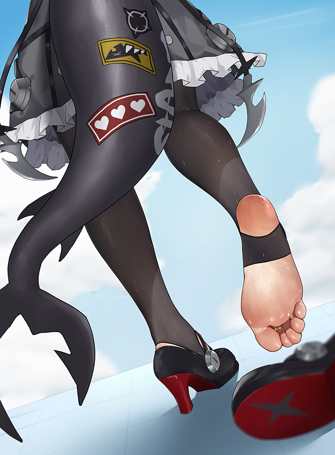 1girls, black pantyhose, ellen joe, feet, female, female only, foot fetish, foot focus, frilled dress, from behind, high heels, shark girl, shark tail, shoes, sky, soles, stirrup legwear, summer (artist), sweat, tail, toe ring, toes, unworn shoes, zenless zone zero