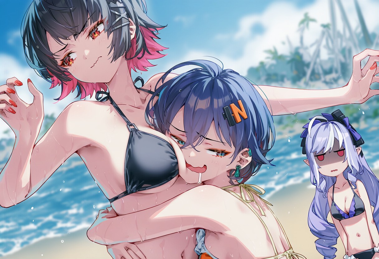 3girls, ai generated, beach, belle (zenless zone zero), bikini, black bikini, black hair, blue hair, blurry, blurry background, blurry foreground, blush, breasts, cleavage, closed mouth, collarbone, crossed arms, day, depth of field, drill hair, ellen joe, female, hair ornament, halterneck, hug, looking at viewer, multicolored hair, multiple females, multiple girls, nail polish, navel, open mouth, outdoors, raaicave, red eyes, red hair, red nails, short hair, small breasts, smile, swimsuit, two-tone hair, vivian banshee, wet, white hair, yuri, zenless zone zero
