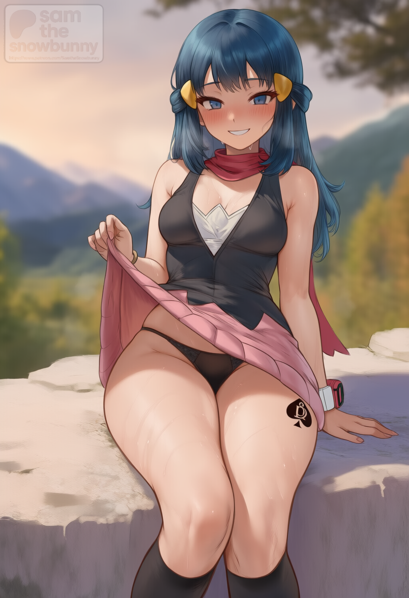 1girls, 2d, ai generated, ass, big ass, breasts, dawn (pokemon), female, female focus, full body, jewelry, lifting skirt, looking at viewer, looking back, pale skinned female, panties, patreon username, pokemon, qos, qos tattoo, queen of spades, sam the snowbunny, small breasts, smile, solo, solo female, sweat, tattoo, thick, thick thighs, uncensored