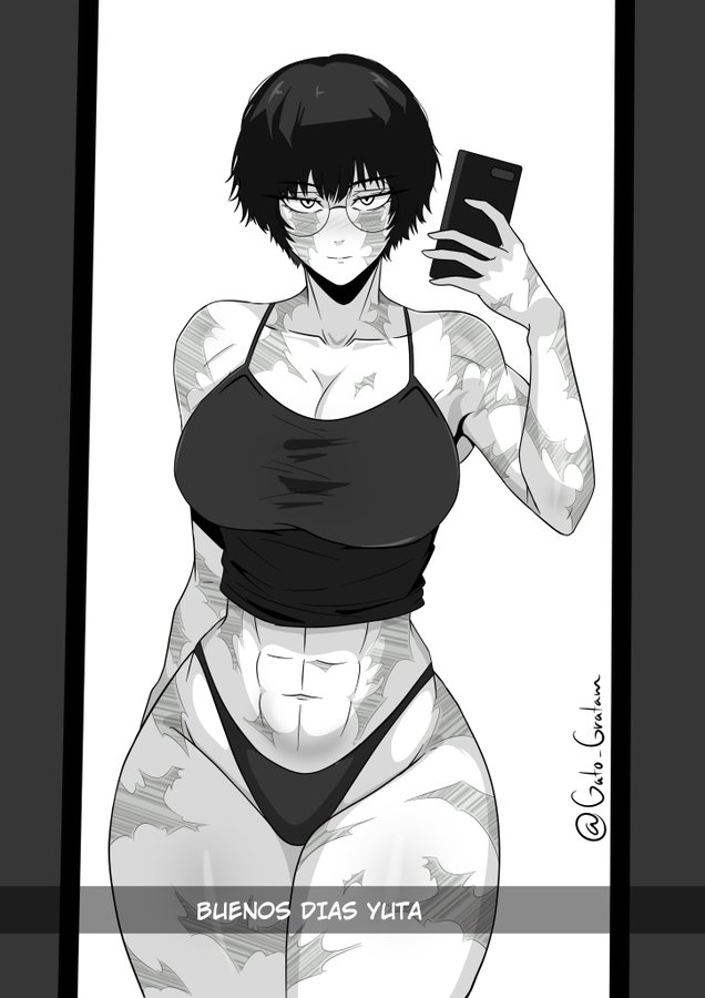 1girls, 2d, abs, athletic female, big breasts, black and white, bra, breasts, female, female focus, female only, fit female, gato gratam, glasses, hourglass figure, human, human female, jujutsu kaisen, large breasts, lingerie, panties, scar, short hair, slim waist, solo, thick, thick ass, thick thighs, thighs, wide hips, zenin maki