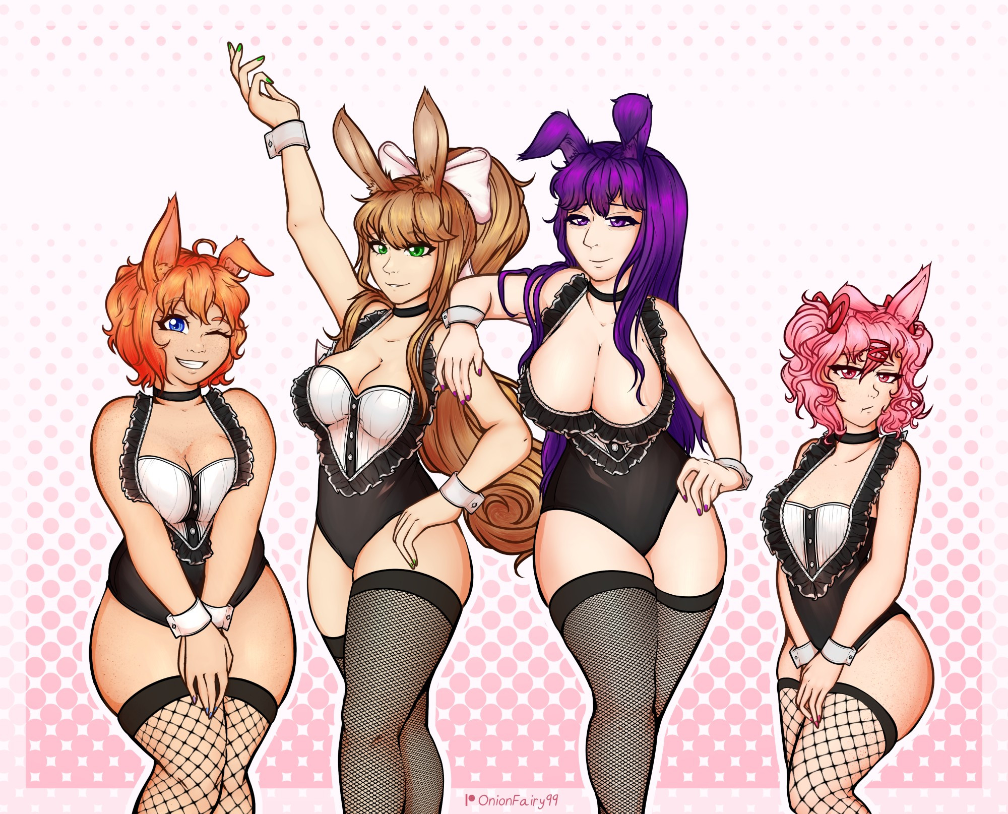 4girls, 5 fingers, artist name, big breasts, blue eyes, breasts, bunny ears, bunnysuit, cleavage, collar, doki doki literature club, female, female only, fishnet legwear, fishnet thighhighs, fishnets, green eyes, legwear, long hair, monika (doki doki literature club), natsuki (doki doki literature club), onionfairy99, onionfairylewds, patreon username, pink eyes, pink hair, purple eyes, purple hair, sayori (doki doki literature club), short hair, strawberry blonde hair, thighhighs, thighs, yuri (doki doki literature club)