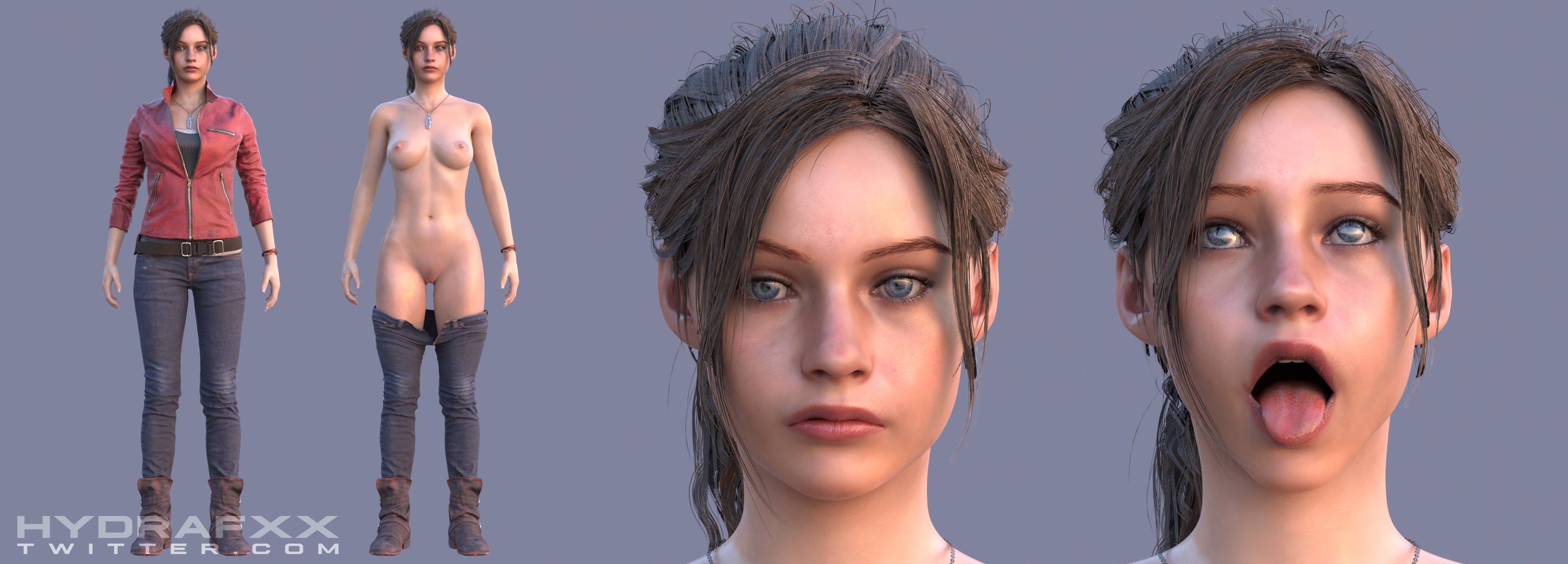 1girls, 3d, abs, ahe gao, areolae, biohazard, blue eyes, breasts, brown hair, claire redfield, claire redfield (jordan mcewen), cute, denim, expressions, eyeshadow, female, female only, full body, hairless pussy, highres, human, hydrafxx, jacket, jeans, jewelry, light skin, light-skinned female, lips, medium breasts, naked footwear, navel, necklace, nipples, nude, open mouth, pants, pants down, ponytail, pussy, red jacket, reference sheet, resident evil, resident evil 2, resident evil 2 remake, rolling eyes, slim, solo, solo female, stomach, teenager, text, throat, tongue, tongue out, url, watermark