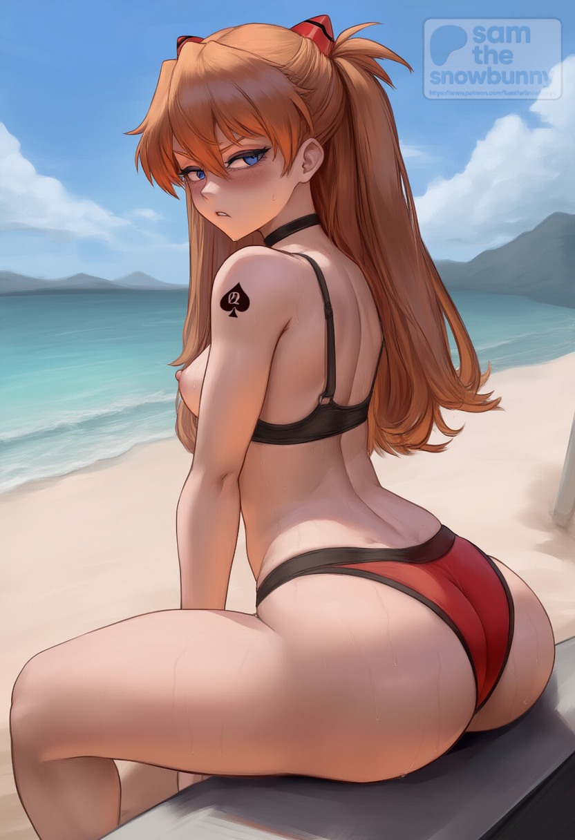 1girls, 2d, ai generated, ass, asuka langley sohryu, beach, big ass, bikini, breasts, female, female focus, full body, huge breasts, looking at viewer, looking back, neon genesis evangelion, pale skinned female, patreon username, qos, qos tattoo, queen of spades, sam the snowbunny, smile, solo, solo female, sweat, swimwear, tattoo, thick, thick thighs, uncensored