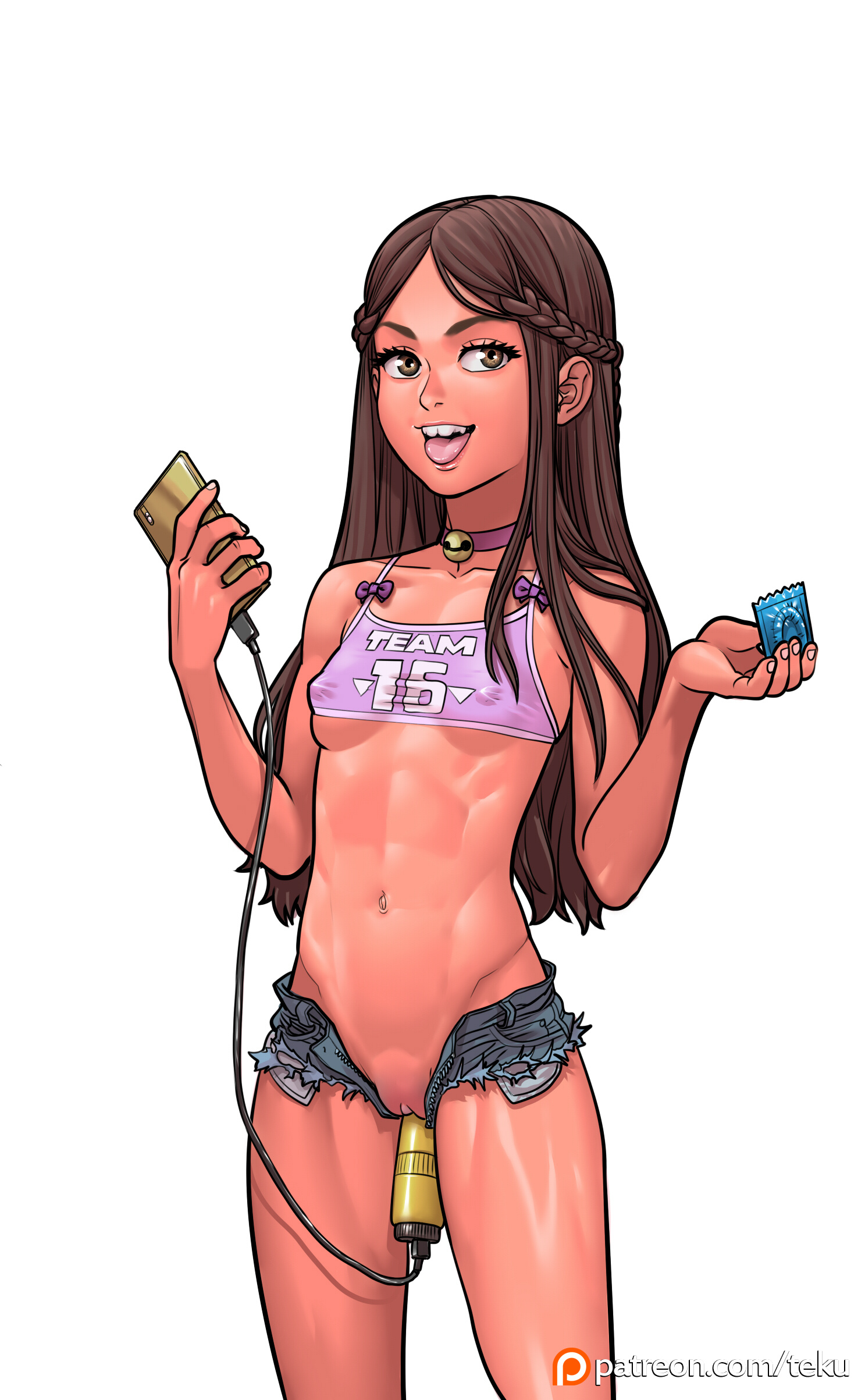1girls, abs, bell collar, breasts, brown eyes, brown hair, collar, condom, covered nipples, crop top, female, holding condom, lipstick, long hair, looking at viewer, naughty face, nipple bulge, open mouth, original, original character, pussy, revealing clothes, sex toy, short shorts, shorts, small breasts, smartphone, solo, teenager, tekuho, tongue, tongue out, underboob, vaginal insertion, vibrator, vibrator in pussy