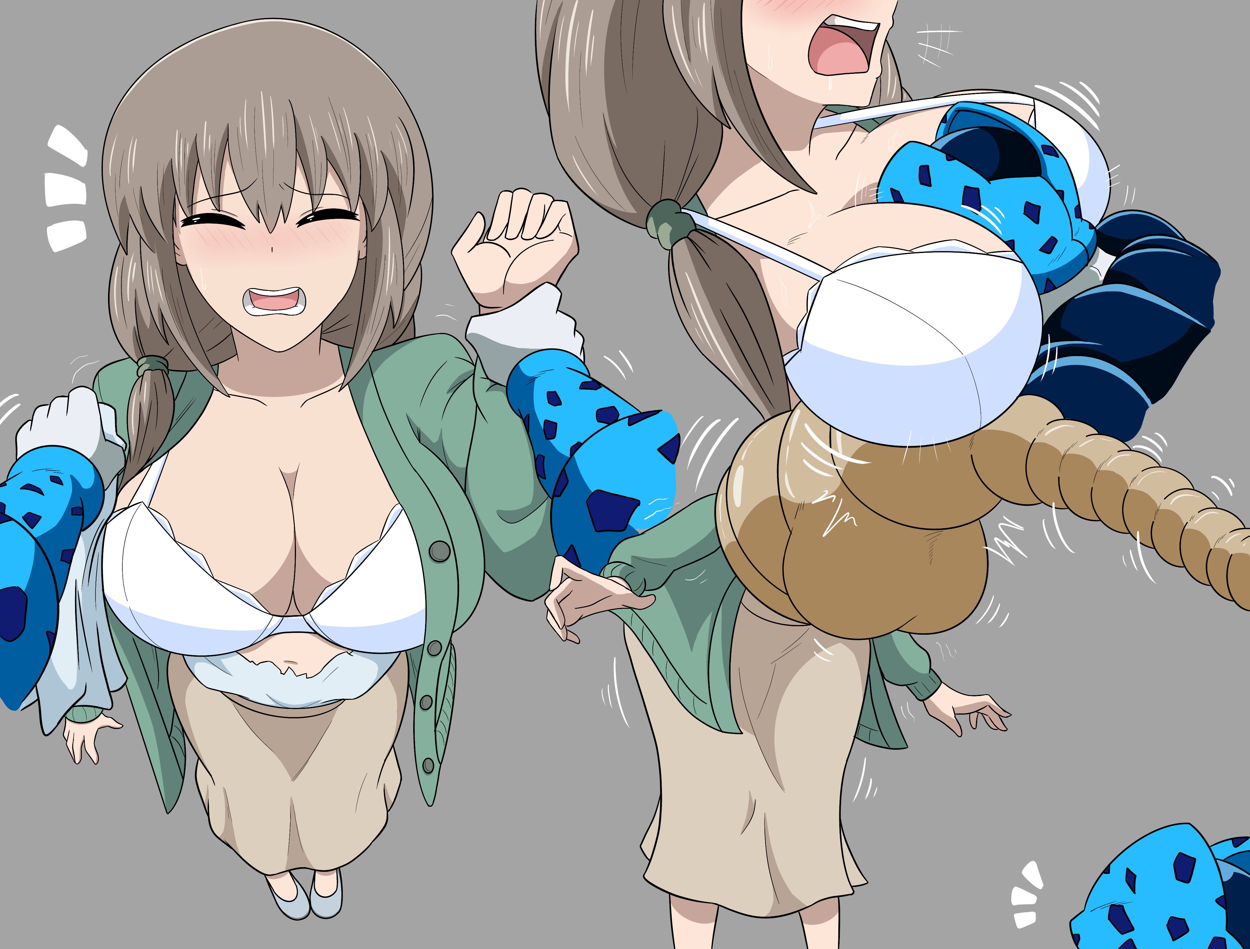 big breasts, blush, bra, breasts, brown hair, cell (dragon ball), cell junior, closed eyes, eyes closed, female, female prey, head between breasts, large breasts, male, male pred, motorboating, open mouth, pervert, redbonez44, same size vore, sucking, tail vore, tailphagia, uzaki tsuki, uzaki-chan wa asobitai!, vore