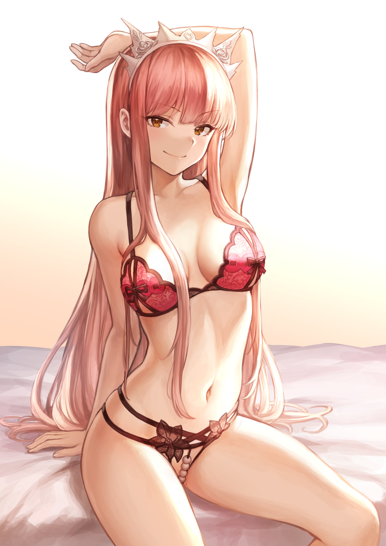 1girls, bra, brown eyes, fate (series), fate/grand order, female, lingerie, long hair, looking at viewer, mashu 003, medb (fate), panties, pink bra, pink hair, pinup, sitting, smile, smiling, solo, underwear
