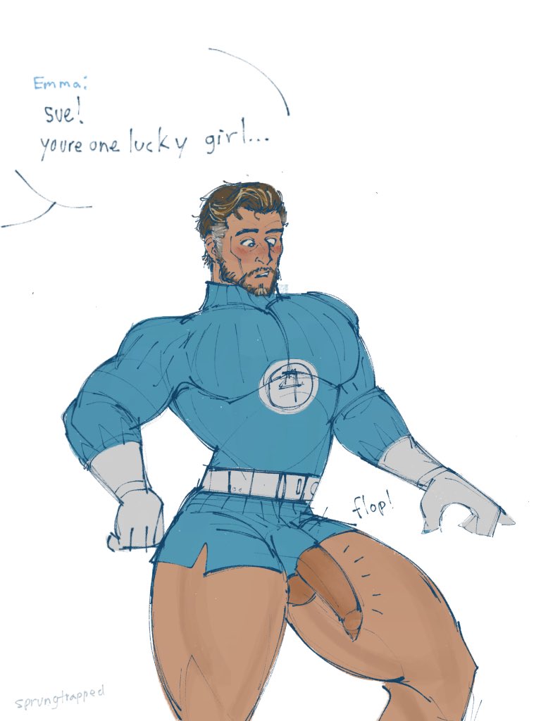 beard, cock, dick, embarrassed, embarrassed expression, fantastic four, fantastic four: first steps, gay, long penis, male, male only, marvel, marvel cinematic universe, marvel comics, marvel rivals, mr fantastic, mr fantastic (first steps), mr fantastic (marvel rivals), penis, reed richards, solo, solo focus, solo male, sprungtrapped, tight clothes, tight clothing