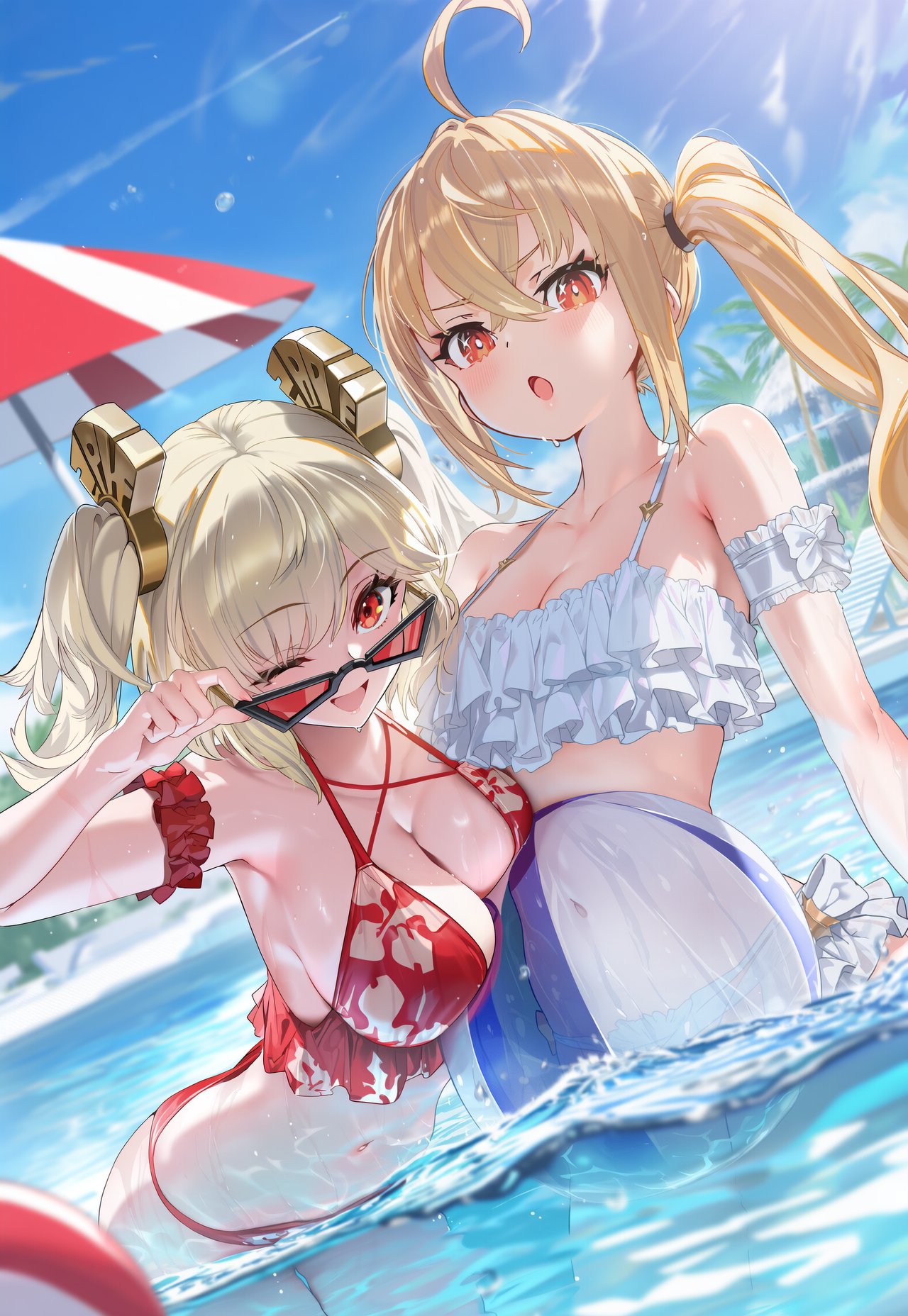 2girls, adjusting eyewear, ahoge, ai generated, arm garter, arm strap, armband, ball, bangs, bare shoulders, beachball, bikini, blonde hair, breasts, burnice white, cleavage, collarbone, day, female, frills, halterneck, innertube, large breasts, long hair, looking at viewer, looking over eyewear, looking over sunglasses, luciana de montefio, mask, multiple females, multiple girls, navel, ocean, one eye closed, open mouth, orange eyes, red bikini, red eyes, short hair, smile, stomach, sunglasses, swimsuit, tinted eyewear, twintails, umbrella, water, white bikini, yuneillusts, zenless zone zero