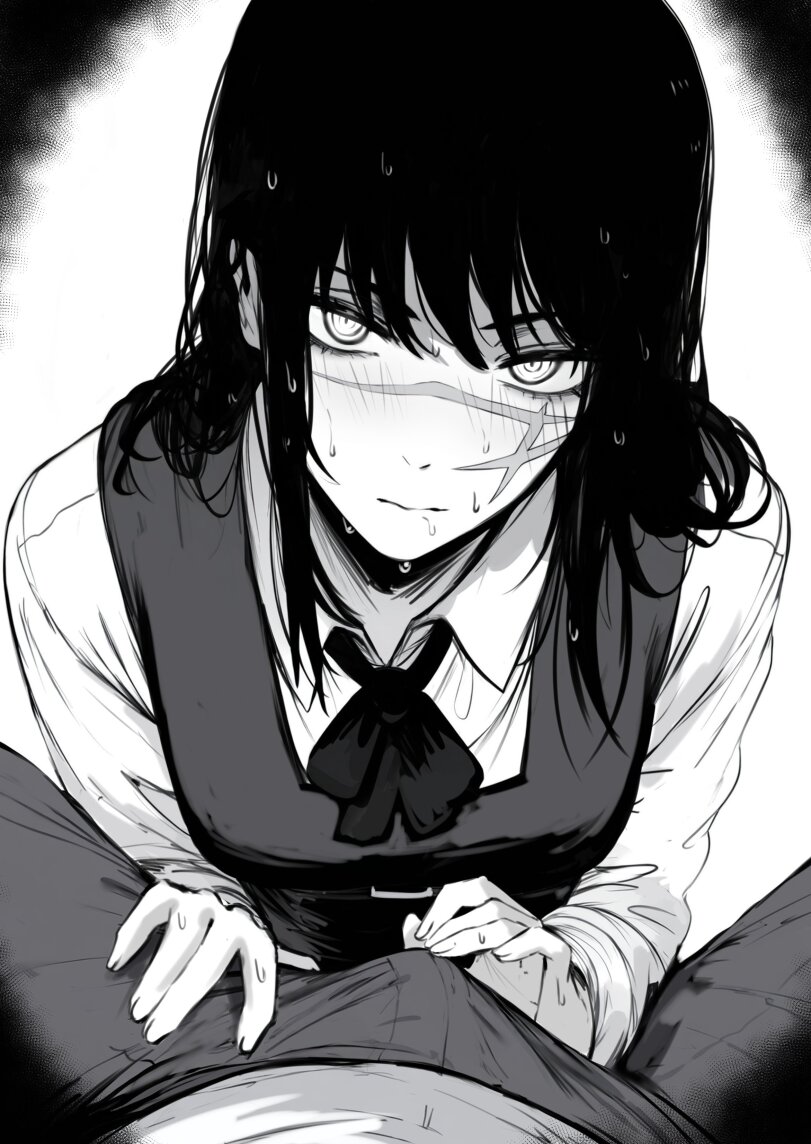 1boy, 1girls, 2d, big breasts, black and white, breasts, chainsaw man, clothed, denji (chainsaw man), female, female focus, looking at viewer, male, masoq095, mitaka asa, penis, sweat, touching penis, yoru (chainsaw man)