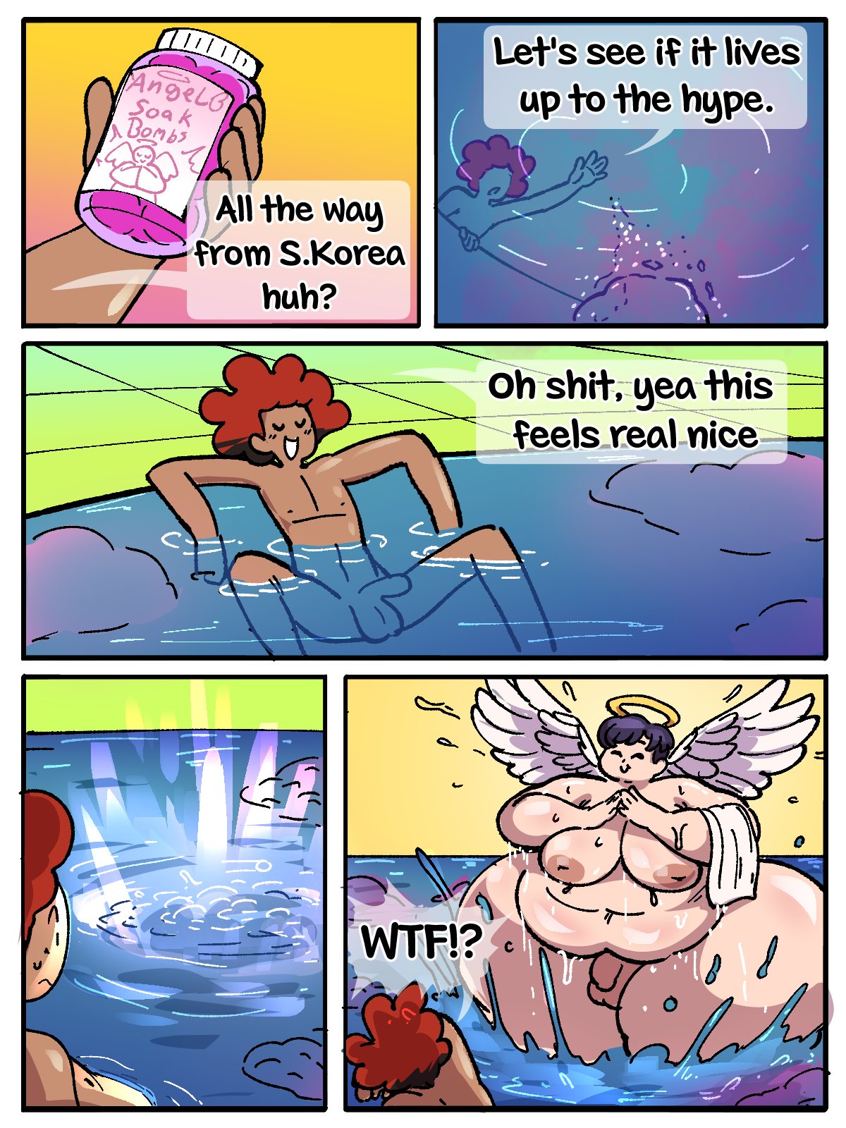 2boys, afro, angel, angel wings, asian, asian femboy, asian male, bath, bathing, black hair, closed eyes smile, comic, comic page, dark skin, dark-skinned male, dialogue, english, english text, fat ass, fat belly, fat male, fat thighs, femboy, gammanaut, gay, halo, hi res, highres, hips, hips wider than shoulders, huge hips, huge moobs, huge thighs, human, hyper hips, hyper thighs, imminent sex, inverted nipples, light skin, male, male only, male/male, naked, naked male, nude, nude male, obese, obese femboy, obese male, orange hair, overweight, overweight femboy, overweight male, page 1, part of a set, penis, superchub, text, thick thighs, wide hips, wings, yaoi