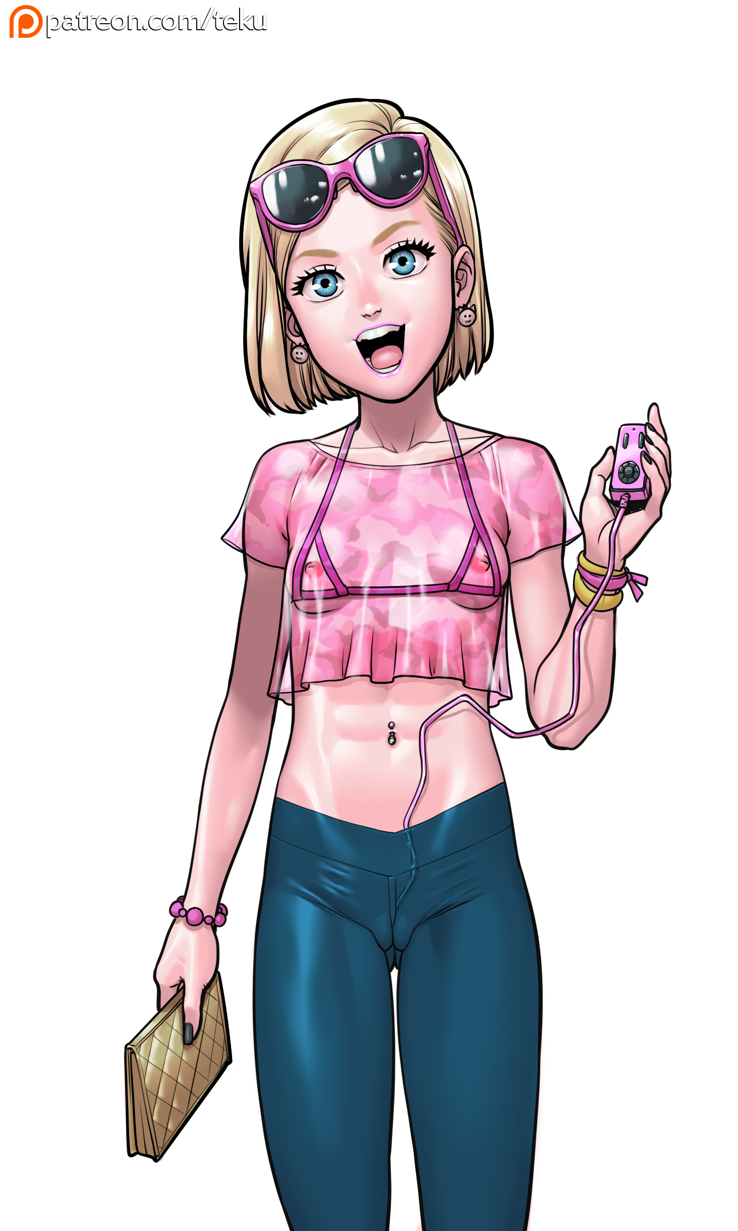 1girls, abs, alternate version available, blonde hair, blue eyes, breasts, cameltoe, covered nipples, female, lipstick, looking at viewer, nippleless clothes, open mouth, original, original character, pussy, revealing clothes, see-through, sex toy, short hair, small breasts, solo, standing, sunglasses, sunglasses on head, teenager, tekuho, vaginal insertion, vibrator under clothes, yoga pants