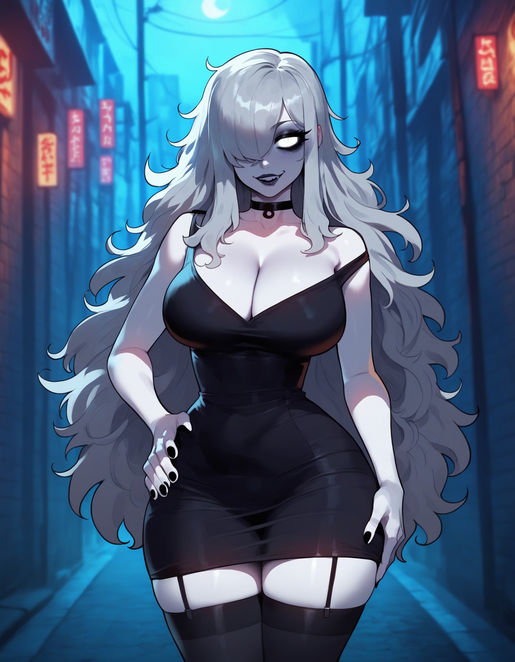 1girls, ai generated, alley, ass, bangs over one eye, big breasts, black dress, black lips, black lipstick, black mascara, black nails, black stockings, breasts, choker, cleavage, evening dress, eyelashes, eyeliner, eyeshadow, female, ghost, ghost girl, grey hair, hair covering eye, huge ass, huge breasts, light-skinned female, long hair, long nails, mascara, naughty, naughty face, no pupils, pale skin, seductive, seductive look, short dress, stockings, stray pubic hair, submissive, submissive female, thick ass, thick thighs, thighs, tight dress, very long hair, white eyes, white skin, white-skinned female, whore eyes, xandr