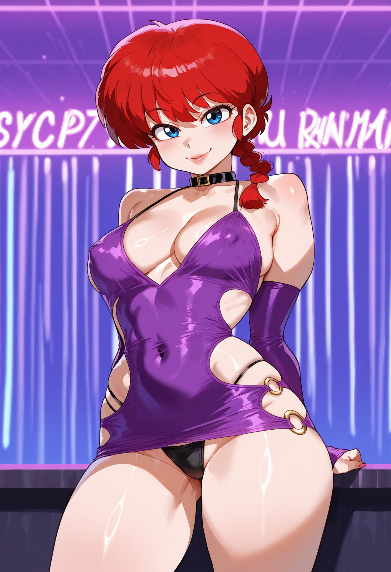 1girls, ai generated, bodycon, escort, female, female only, koikatsufans, looking at viewer, nipples visible through clothing, prostitution, provocative clothing, ranma 1/2, ranma saotome, ranma-chan, solo