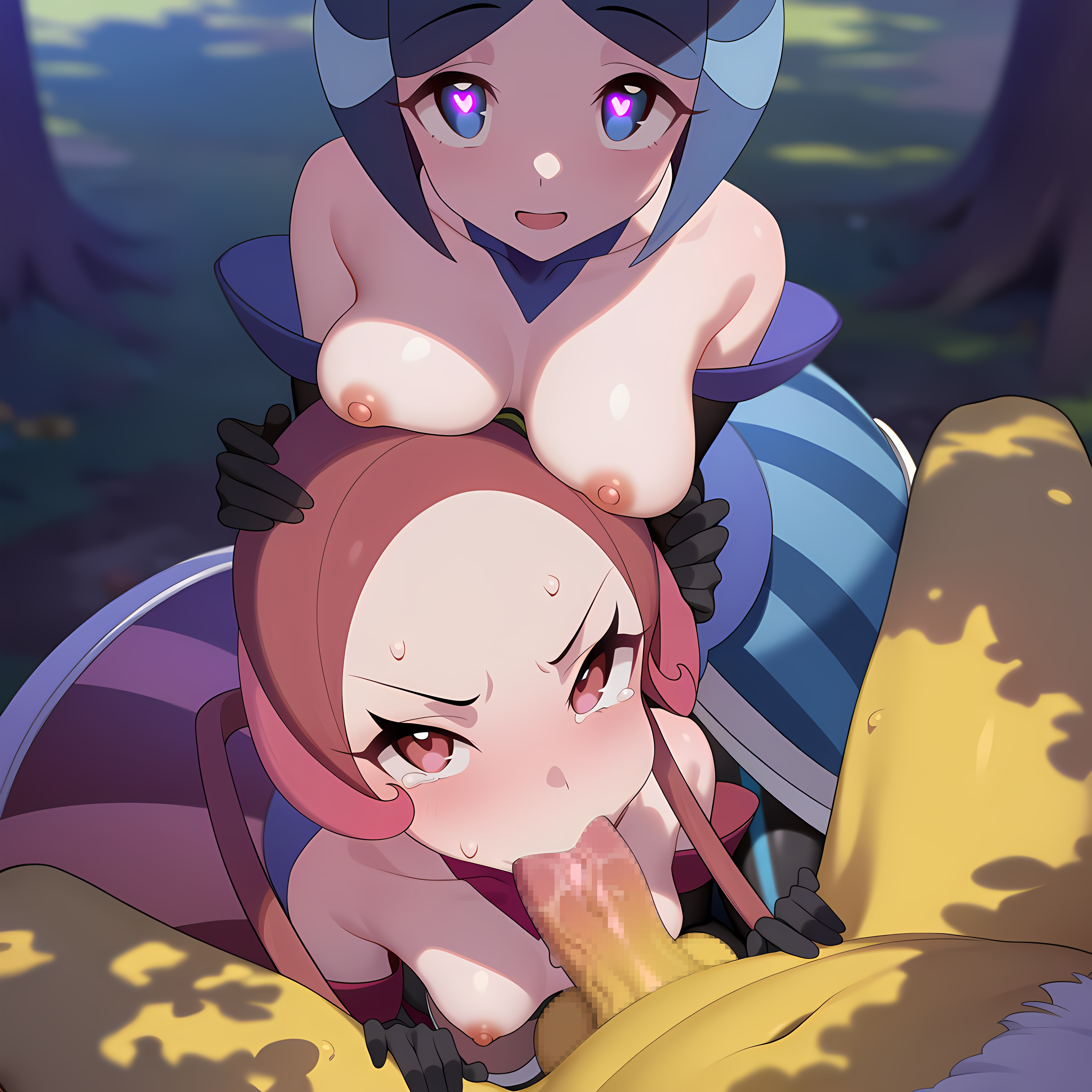 1boy, 2girls, ai generated, angry, angry fellatio, assisted fellatio, assisted rape, battle chatelaine, blowjob, blue dress, blue eyes, blue hair, breasts, breasts on head, breasts out, dadfox, dana (pokemon), dress, evelyn (pokemon), fellatio, female, female assisted rape, gloves, head grab, heart-shaped pupils, hypno, male, outdoors, penis, pokemon, pokemon xy, pokephilia, rape, red dress, red eyes, red hair, sisters, tears
