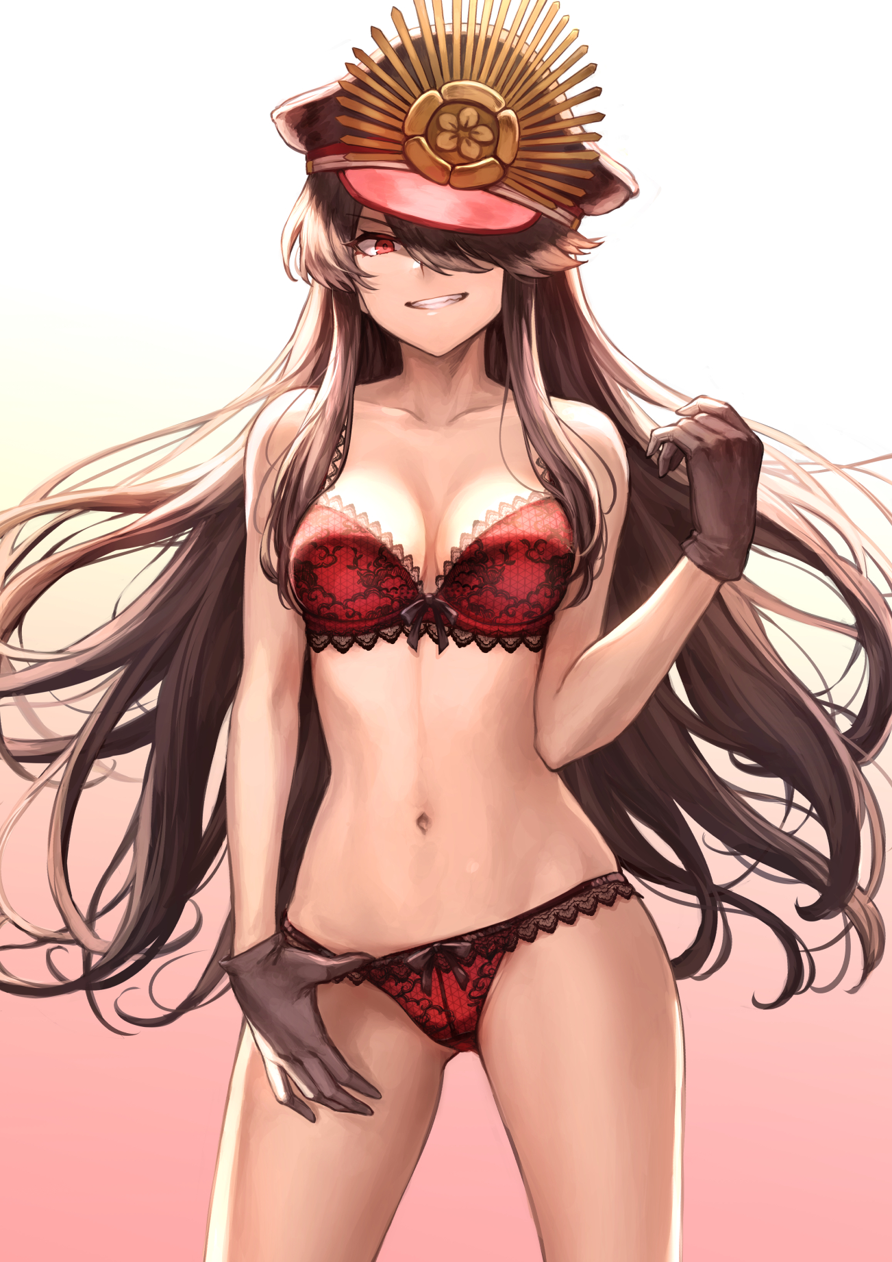 black hair, bra, breasts, fate (series), fate/grand order, female, female only, gloves, hat, lingerie, looking at viewer, mashu 003, midriff, navel, oda nobunaga (fate), panties, perfect body, picot trim, picot trim bra, picot trim lingerie, picot trim panties, red bra, red eyes, red lingerie, red panties, smiling, underwear