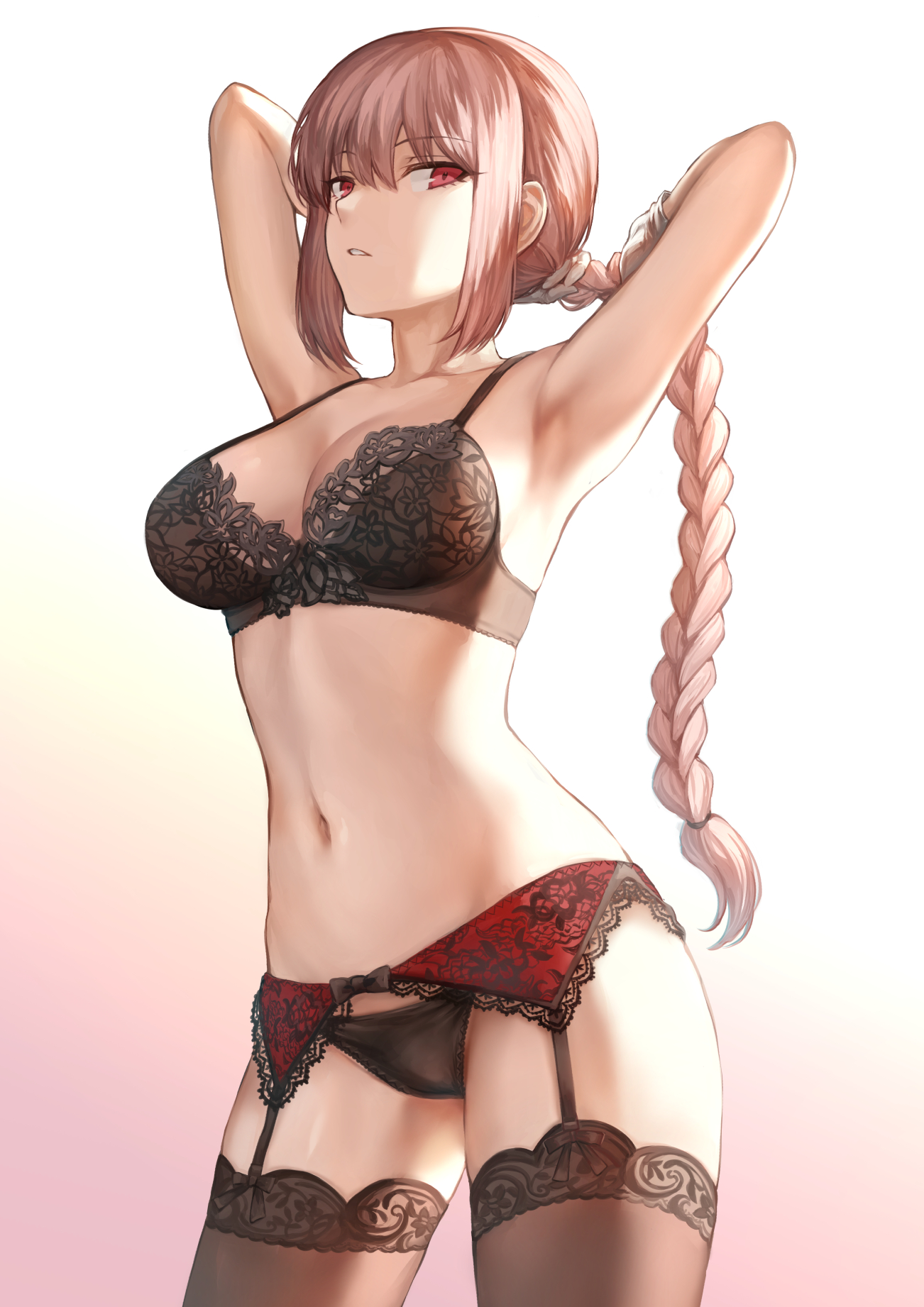 black bra, black panties, bra, braided hair, breasts, fate (series), fate/grand order, female, florence nightingale (fate), garter belt, garter straps, lingerie, long hair, mashu 003, navel, panties, pink hair, pinup, red eyes, solo focus, thighhighs