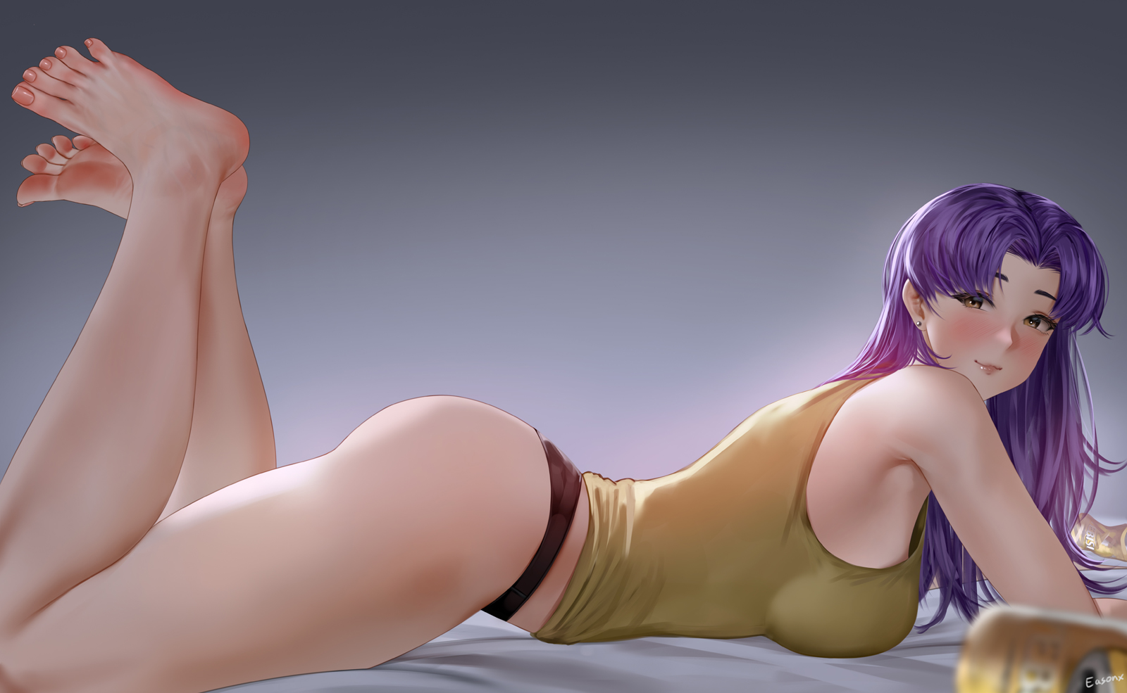 1girls, artist name, ass, bare arms, bare legs, bare shoulders, barefoot, beer can, black panties, breasts, brown eyes, earrings, easonx, feet, feet up, female, female only, foot fetish, from side, katsuragi misato, large breasts, legs, looking at viewer, lying, lying on stomach, misato katsuragi, neon genesis evangelion, on stomach, parted bangs, purple hair, tank top, underwear, yellow tank top