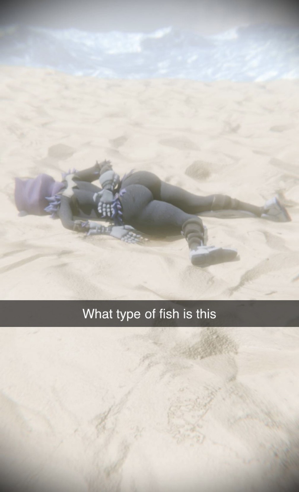 ass, beach, bear ears, boots, breasts, family guy death pose, female, fortnite, fortnite: battle royale, furry, hoodie, knocked out, laying down, ocean, purple fur, purple skin, pussy, raven team leader, raven team leader (fortnite), sand, thighs, water, wind