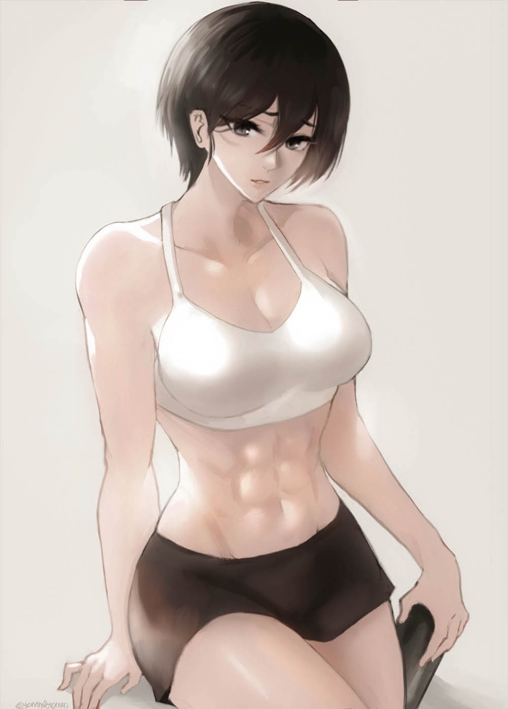 1girls, abs, asian, asian female, attack on titan, black hair, clothed, clothed female, female, female only, fully clothed, hair between eyes, light skin, light-skinned female, mikasa ackerman, muscles, muscular, muscular female, pale skin, pale-skinned female, scar, scar on face, shingeki no kyojin, short hair, shorts, solo, solo female, tommy (kingdukeee), wholesome, workout clothes