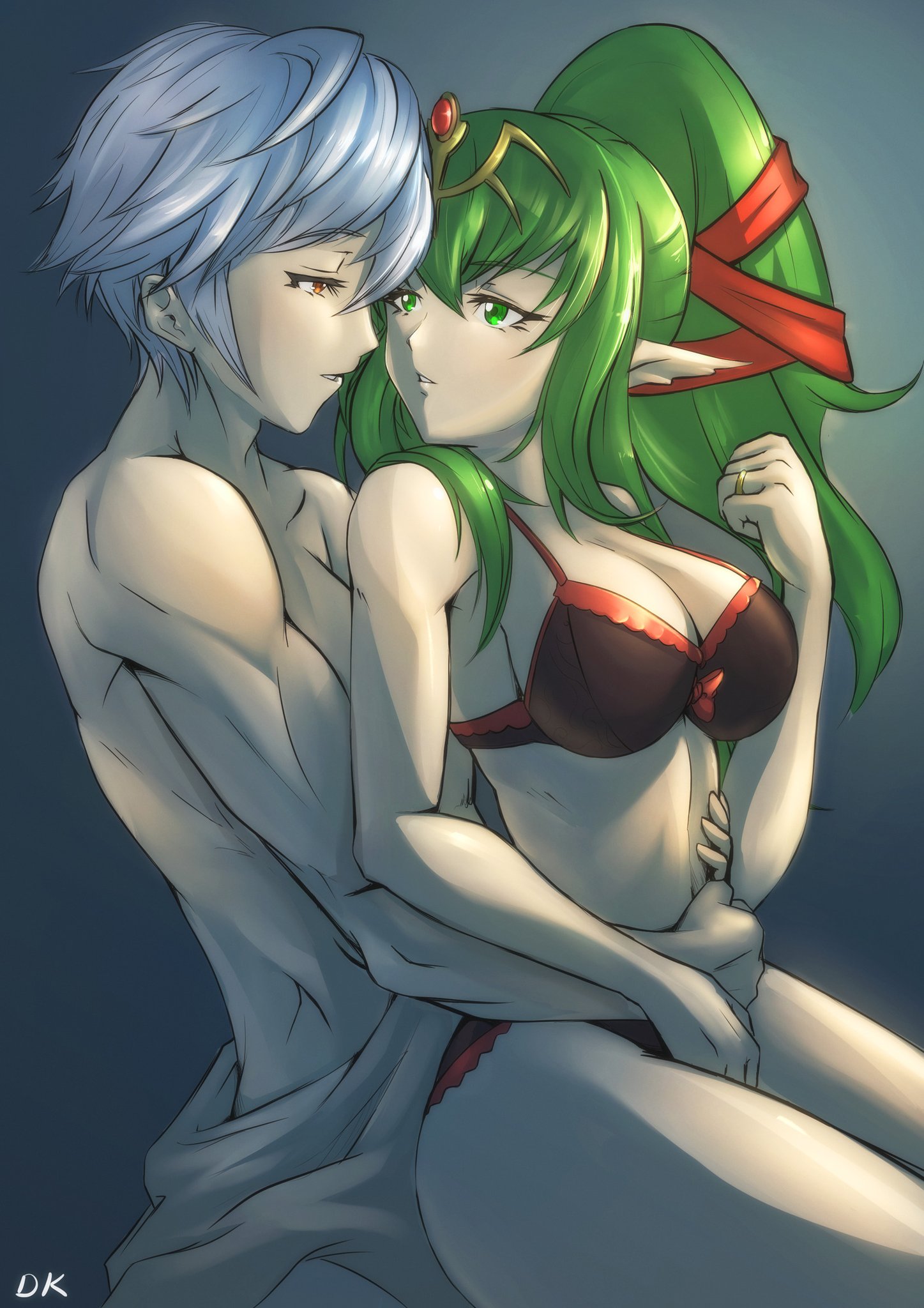 1boy, 1girls, bra, breasts, deekei, female, fire emblem, fire emblem awakening, green eyes, green hair, looking at partner, male, manakete, nintendo, panties, robin (fire emblem), robin (fire emblem) (male), tiki (fire emblem), tiki (fire emblem) (adult), underwear, white hair, wholesome