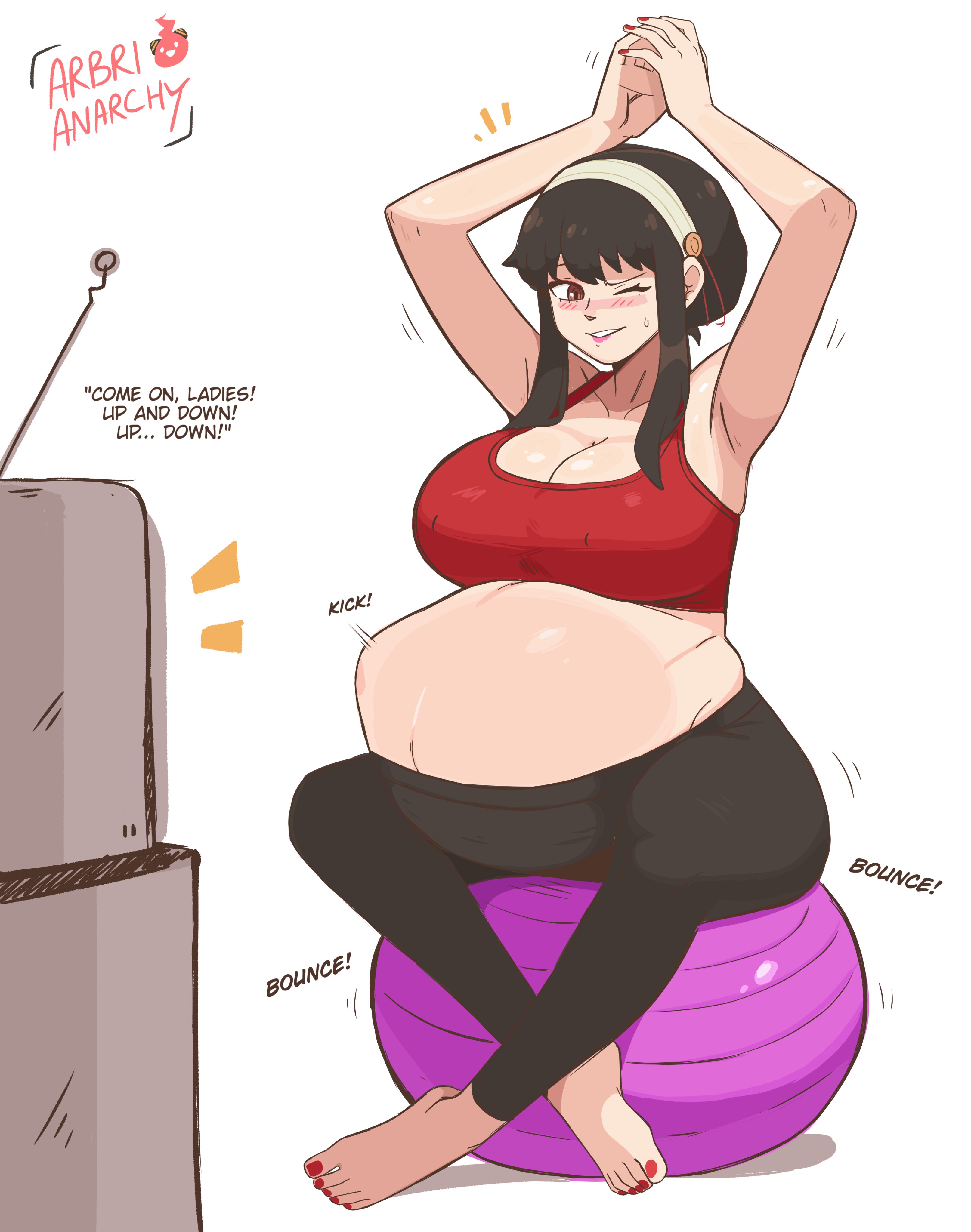 1girls, alternative version, arbrianarchy, big belly, blush, english text, female, female only, fetal movement, kicking (pregnancy), nail polish, pregnant, pregnant female, ready to pop, red nails, red toenails, solo, spy x family, super belly, text, toenail polish, yoga ball, yor briar, yor forger