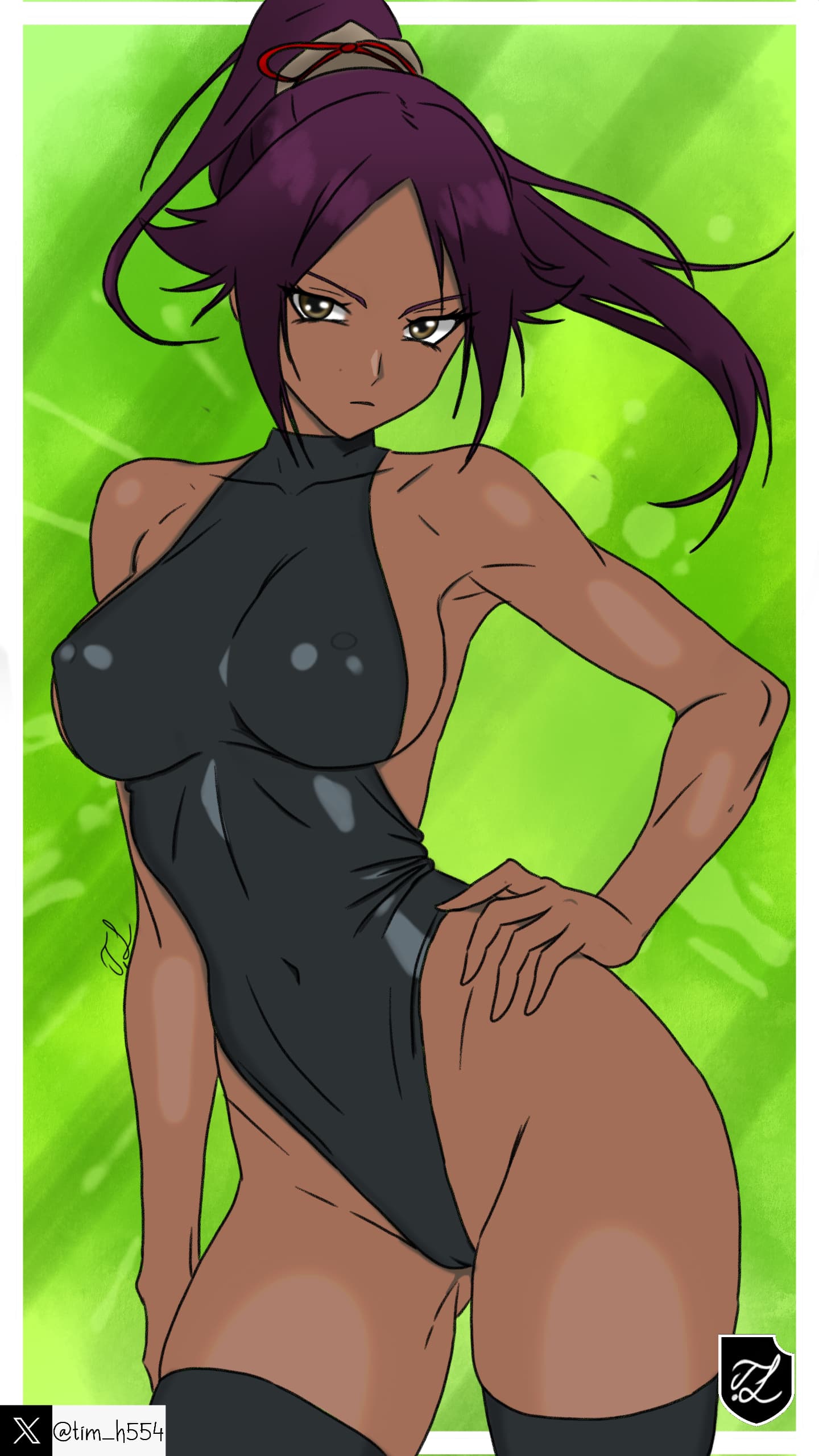 1girls, big breasts, bleach, breasts, brown eyes, dark skin, dark-skinned female, female, female only, hard nipples, logo, purple hair, shihouin yoruichi, signature, solo, tagme, tim heyderich, twitter username