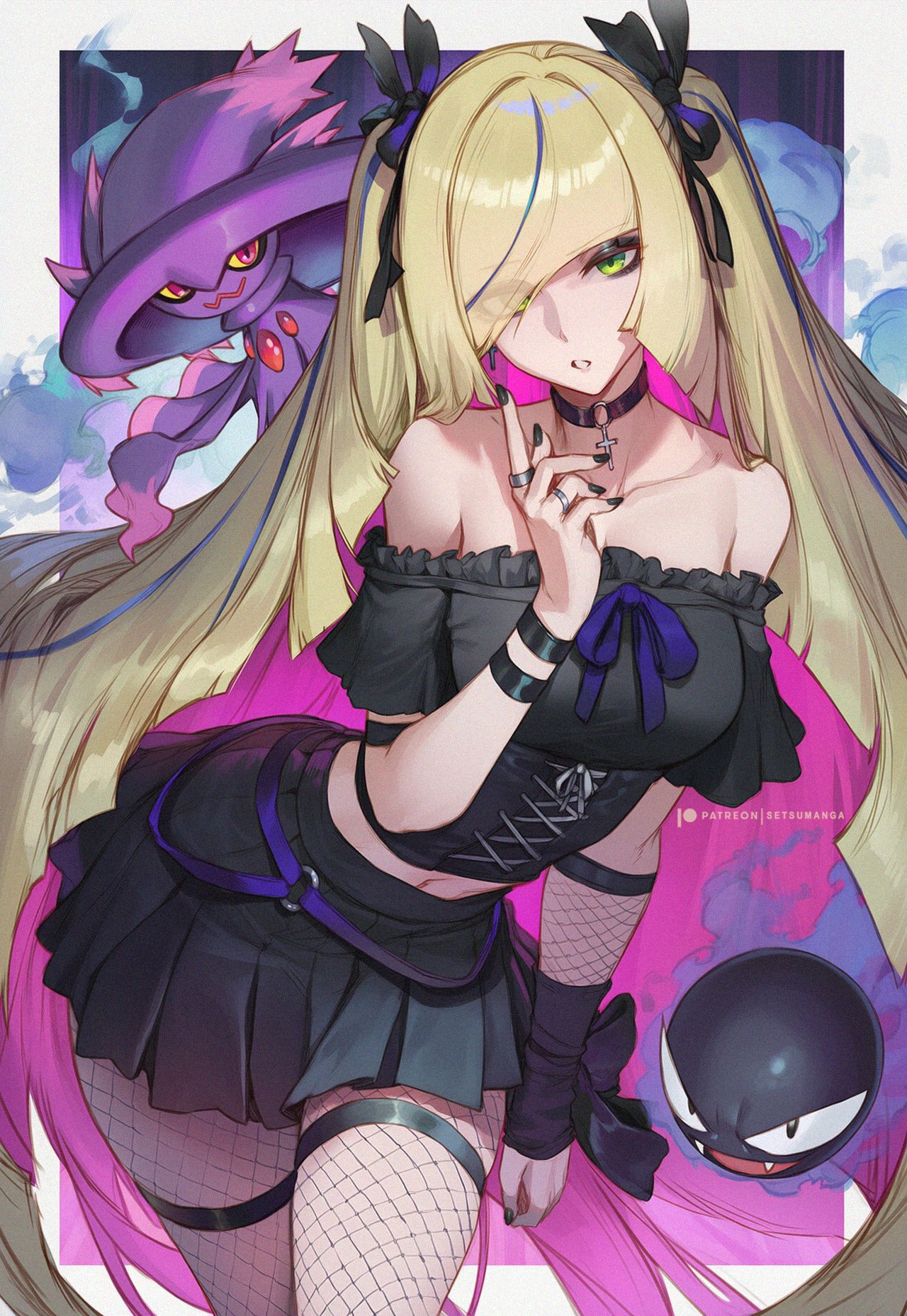 1girls, ai generated, alternate costume, bare shoulders, black choker, black nails, black ribbon, black shirt, black skirt, blonde hair, breasts, choker, crop top, female, fishnet legwear, fishnets, gastly, goth, goth girl, green eyes, hair ornament, hair over one eye, hair ribbon, long hair, looking at viewer, lusamine (pokemon), midriff, miniskirt, mismagius, nail polish, navel, nintendo, off shoulder, parted lips, pleated skirt, pokemon, pokemon (creature), pokemon sm, ribbon, setsuaiart, shirt, skirt, thigh strap, very long hair