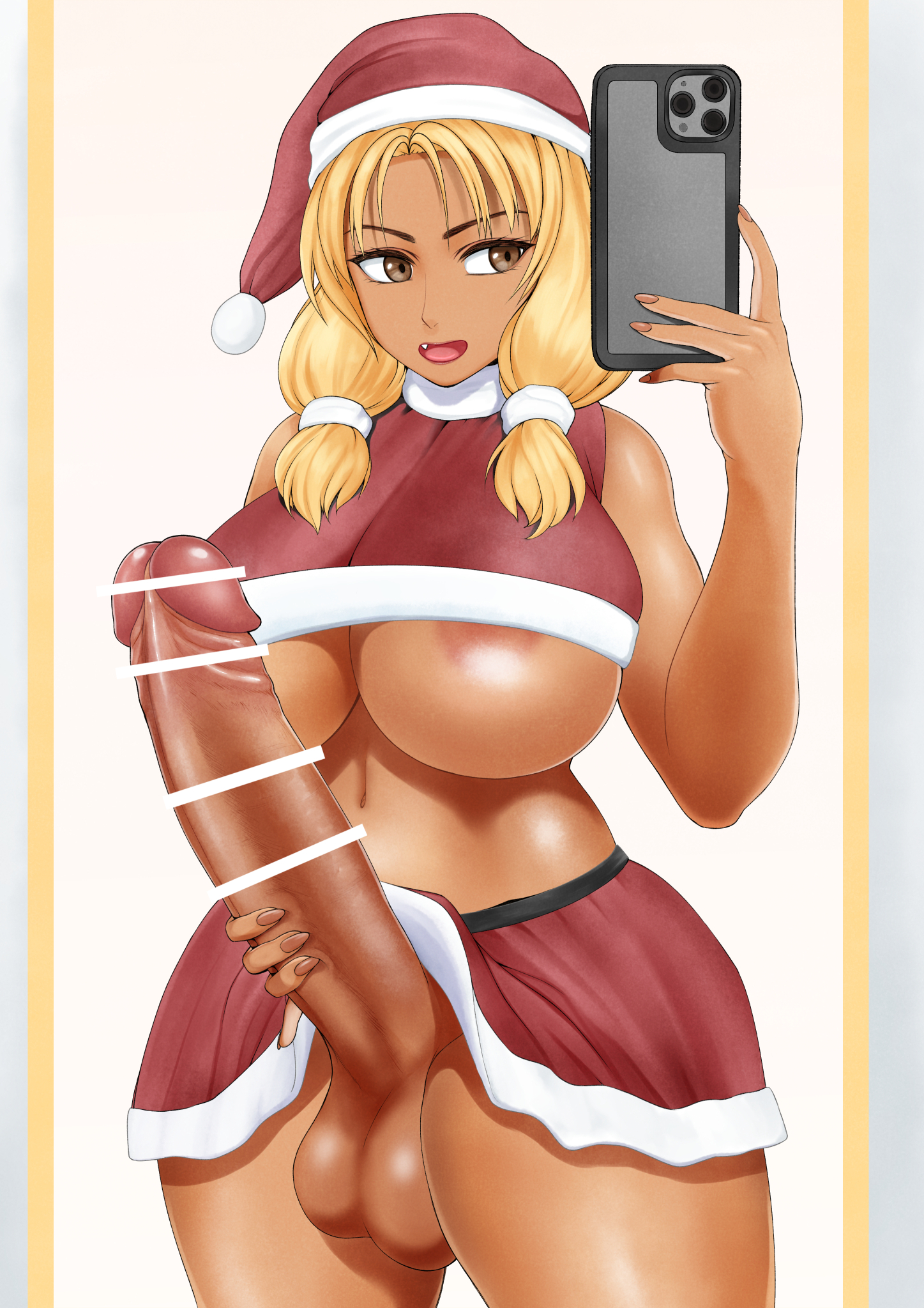 1futa, areola slip, balls, beautiful, big balls, big breasts, big cock, big penis, blonde hair, bottomless, breasts, censored, child bearing hips, clothed, clothing, cock, curvy, dark skin, dark-skinned futa, erect penis, fang, fat cock, female, fertile, full balls, full of cum, full-package futa, futa only, futanari, giant penis, hair tie, heavy balls, heavy breasts, holding penis, horny female, huge balls, huge breasts, huge cock, human, intersex, large breasts, long penis, mature female, milf, mostly nude, mother, navel, nobuhiro (mochi), older female, penis, plump, plump balls, ranka's mother, santa costume, santa hat, smartphone, solo, tan body, testicles, thick, thick penis, thick thighs, voluptuous female, well endowed, wide hips