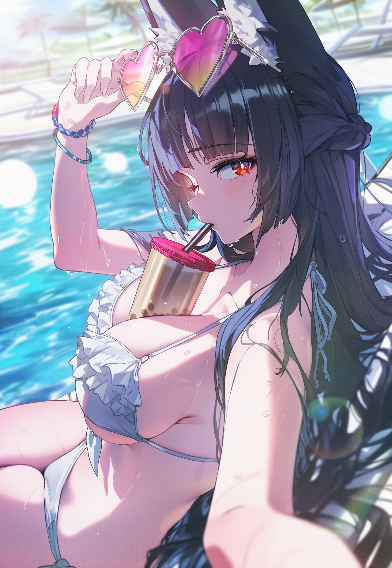 ai generated, animal ear fluff, animal ears, bangs, bare shoulders, bikini, bikini bottom, bikini top, black hair, black-haired female, blurry, blurry background, blurry foreground, breasts, cleavage, cup, day, depth of field, drinking, drinking straw, eyebrows visible through hair, female, fox ears, fox girl, frilled bikini, frills, heart, heart glasses, hoshimi miyabi, huge breasts, jewelry, kemonomimi, large breasts, long hair, long-haired female, looking at viewer, pool, red eyes, red-eyed female, sitting, solo, swimsuit, white bikini, white bikini bottom, white bikini top, yuneillusts, zenless zone zero