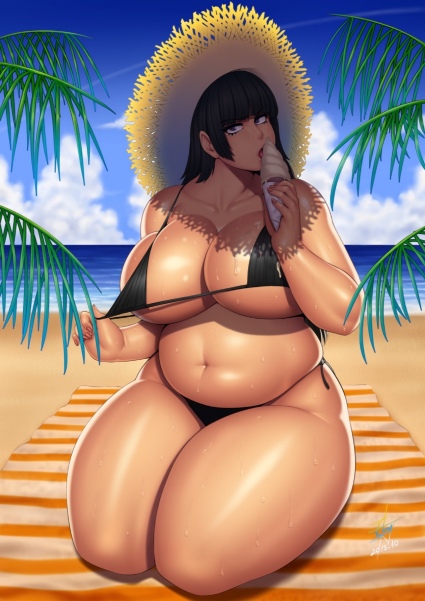 bangs, beach, belly, bikini, black bikini, black hair, blunt bangs, breasts, chubby, cleavage, curvy, female, food, hat, hime cut, hyuuga hinata, licking, long hair, naruto (series), navel, palm tree, plump, popsicle, signature, sitting, skindentation, solo, sweat, swimsuit, thick thighs, thighs, tongue, tree
