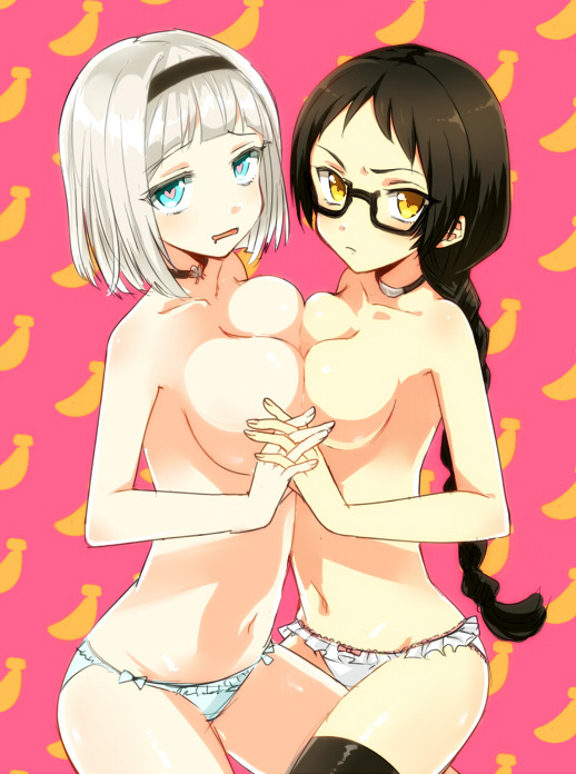 2girls, alternate version at source, alternate version available, anna nishikinomiya, artist request, big breasts, breast squish, breasts, breasts out, female, female on female, female only, heart-shaped pupils, kajou ayame, lace, lace trim, lace-trimmed panties, large breasts, looking at viewer, medium breasts, panties, panties only, pinup, shimoneta to iu gainen ga sonzai shinai taikutsu na sekai, take your pick, titfight