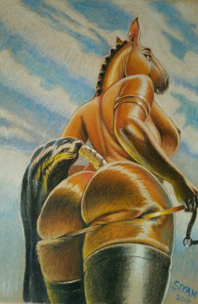 armlet ass breasts clothing equine female horse jewelry legwear looking_at_viewer looking_back mammal nude outside siyah solo tail_wraps thick_thighs thigh_highs traditional_media_(artwork) wide_hips wraps