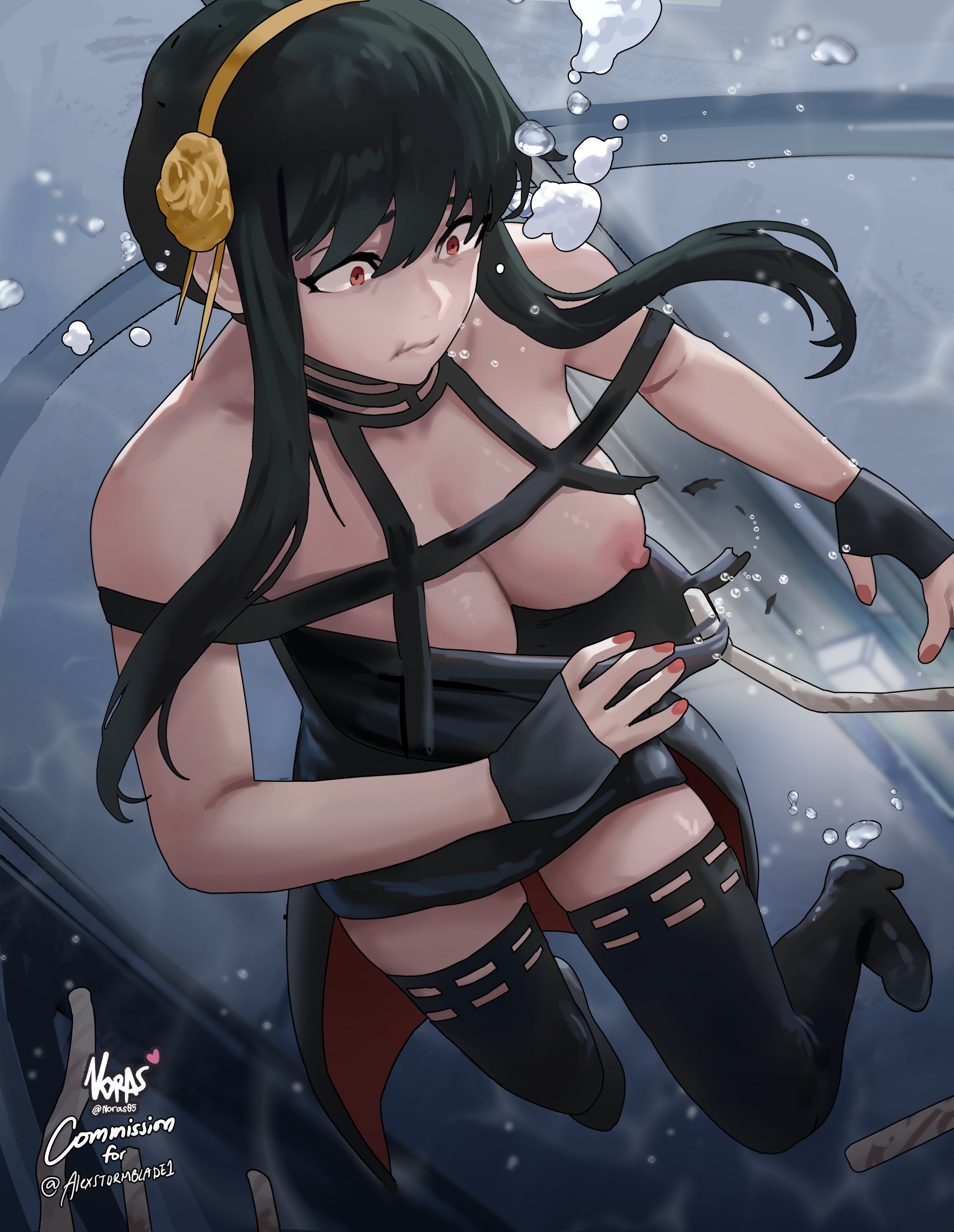 1girls, absurdres, air bubble, armpits, asphyxiation, black hair, boots, breasts, bubble, cape, caught, chasing, cleavage, dress, drowning, earrings, female, female focus, female only, fingerless gloves, floral print, gloves, hairband, high heels, highres, holding breath, jewelry, large breasts, medium breasts, nipples, noras, one breast out, puff of air, red eyes, scared, sidelocks, solo, spy x family, swimming, thighhighs, thighs, thorn princess, underwater, wide-eyed, yor briar, yor forger