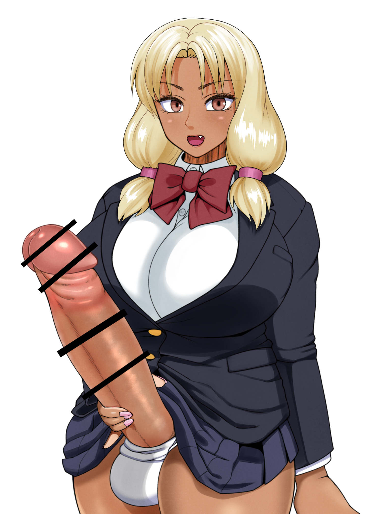 1futa, balls, beautiful, big balls, big breasts, big cock, big penis, blonde hair, bow, breasts, censored, child bearing hips, cock, curvy, dark-skinned futa, erect penis, fang, fat cock, female, fertile, full balls, full of cum, full-package futa, futa only, futanari, giant penis, hair tie, heavy balls, heavy breasts, holding penis, horny female, huge balls, huge breasts, huge cock, intersex, large breasts, long penis, mature female, milf, mother, nail polish, nobuhiro (mochi), older female, penis, plump, plump balls, ranka's mother, school uniform, smile, solo, tan body, testicles, thick, thick penis, thick thighs, voluptuous female, well endowed, wide hips