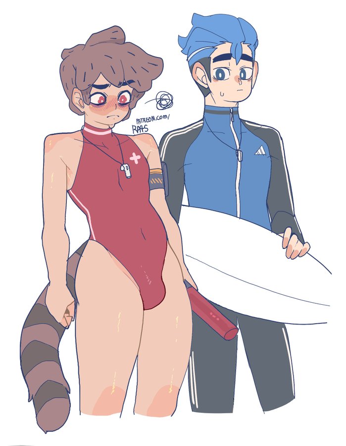 2boys, blue hair, blue-haired male, blush, blushing, brown hair, brown-haired male, bulge, crossdressing, cute, embarrassed, femboy, high cut swimsuit, human, human version, humanized, lifeguard, lifeguard swimsuit, male, male focus, male only, mordecai (regular show), ra4s, regular show, rigby (regular show), short hair, surfboard, swimsuit, tail, tan skin, whistle, whistle (object), whistle around neck