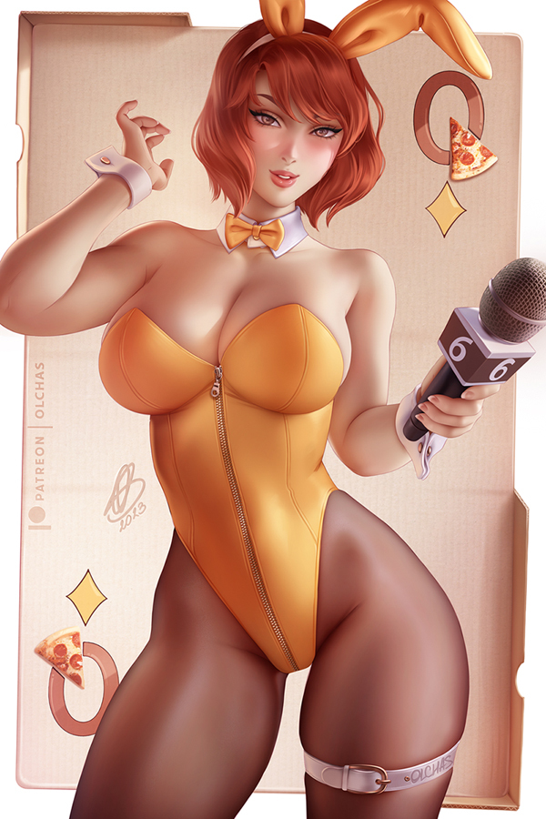 1girls, april o'neil, april o'neil (tmnt 1987), bunny ears, choker, female, ginger, ginger female, ginger hair, holding object, microphone, olchas, orange clothing, pantyhose, playing card, tagme, teenage mutant ninja turtles, tight clothing, tmnt 1987