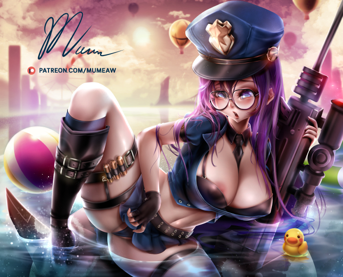 blush breasts caitlyn_kiramman cleavage female glasses gun large_breasts league_of_legends long_hair mumeaw nipples officer_vi police police_hat police_uniform policewoman purple_hair rifle shy signature