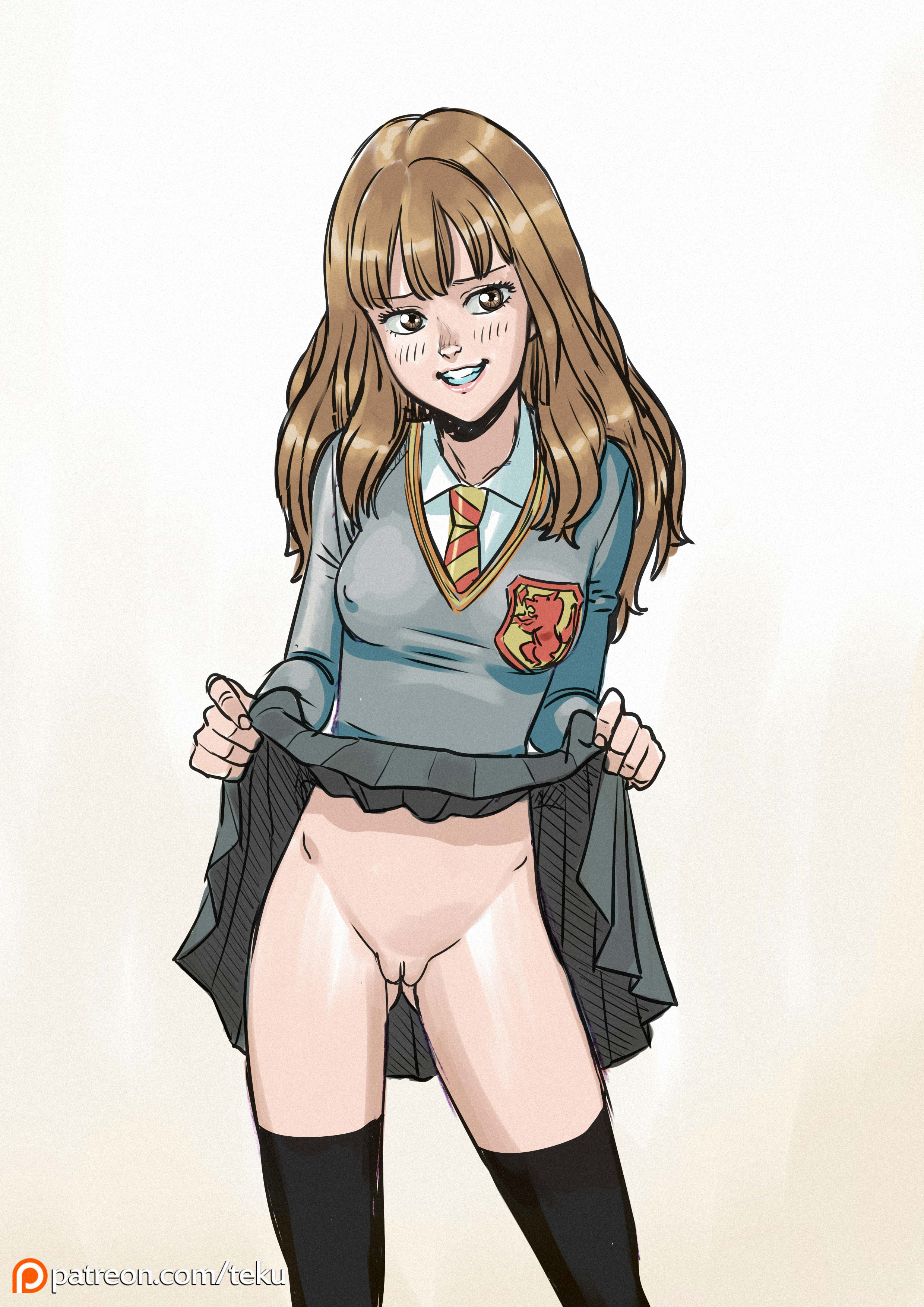 1girls, black thighhighs, blush, breasts, brown eyes, brown hair, covered nipples, female, female only, flashing, flashing pussy, gryffindor, gryffindor symbol, gryffindor tie, harry potter, hermione granger, nipple bulge, nipples visible through clothing, no panties, presenting, presenting pussy, pussy, skirt, skirt lift, smile, solo, solo female, standing, teenager, tekuho, thighhighs, uniform, witch (harry potter)