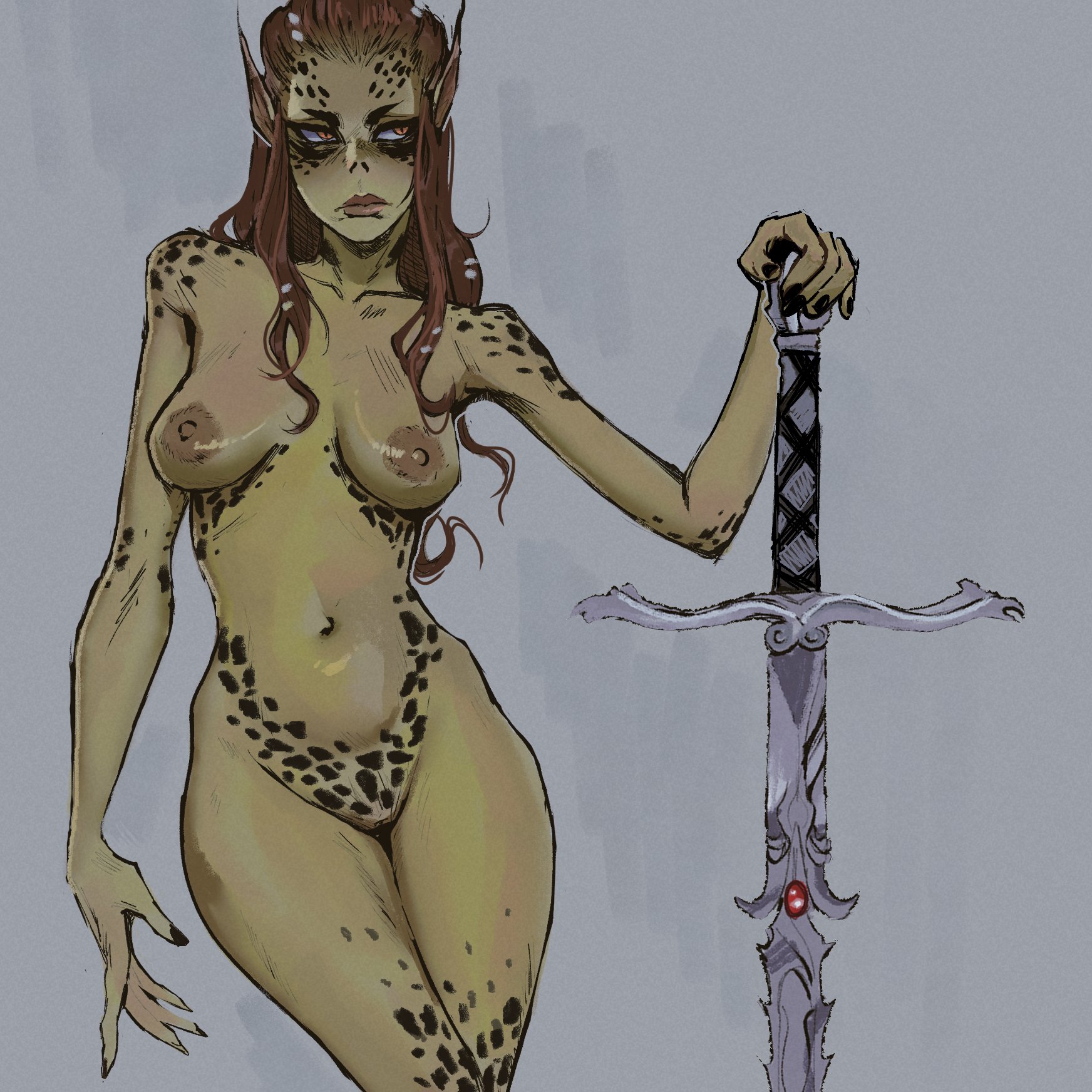 1girls, breasts, dungeons and dragons, female, female only, gith, githyanki, green skin, lae'zel, nipples, nude, solo, spitslushy, sword